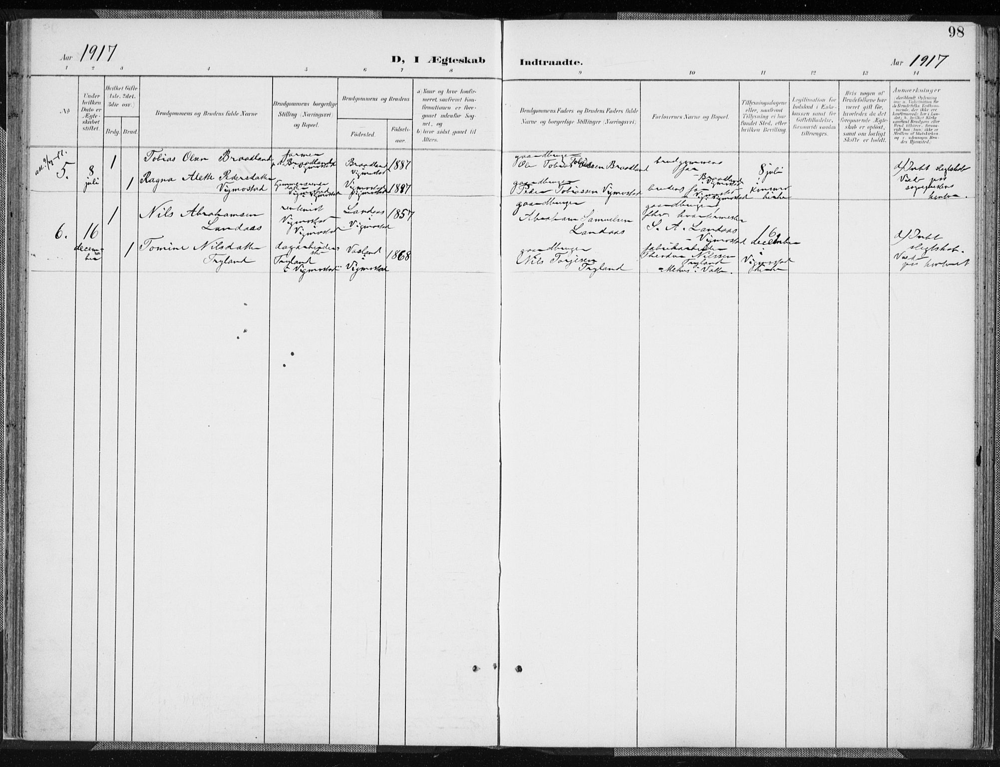 Nord-Audnedal sokneprestkontor, AV/SAK-1111-0032/F/Fa/Fab/L0004: Parish register (official) no. A 4, 1901-1917, p. 98