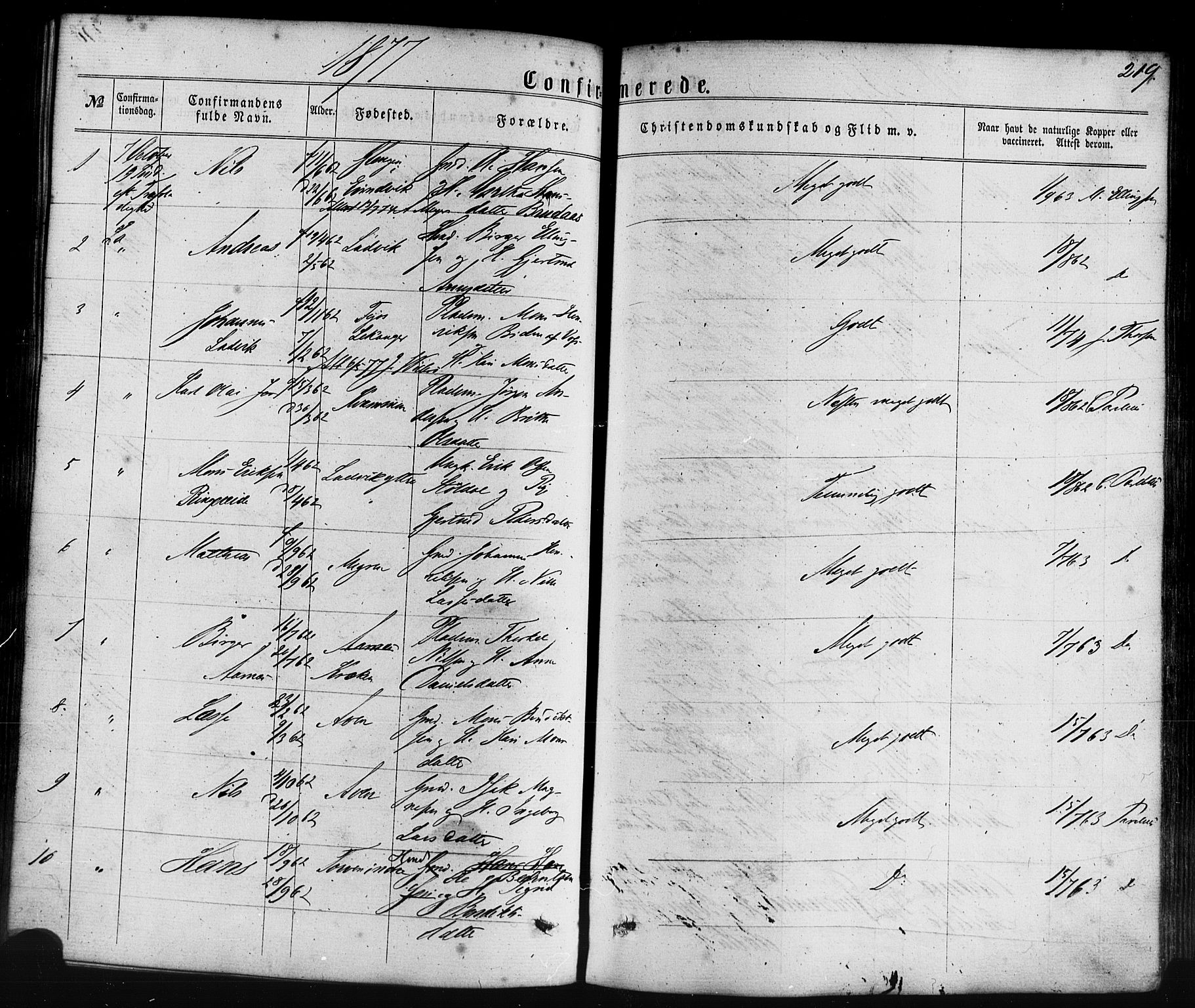 Lavik sokneprestembete, AV/SAB-A-80901: Parish register (official) no. A 4, 1864-1881, p. 219