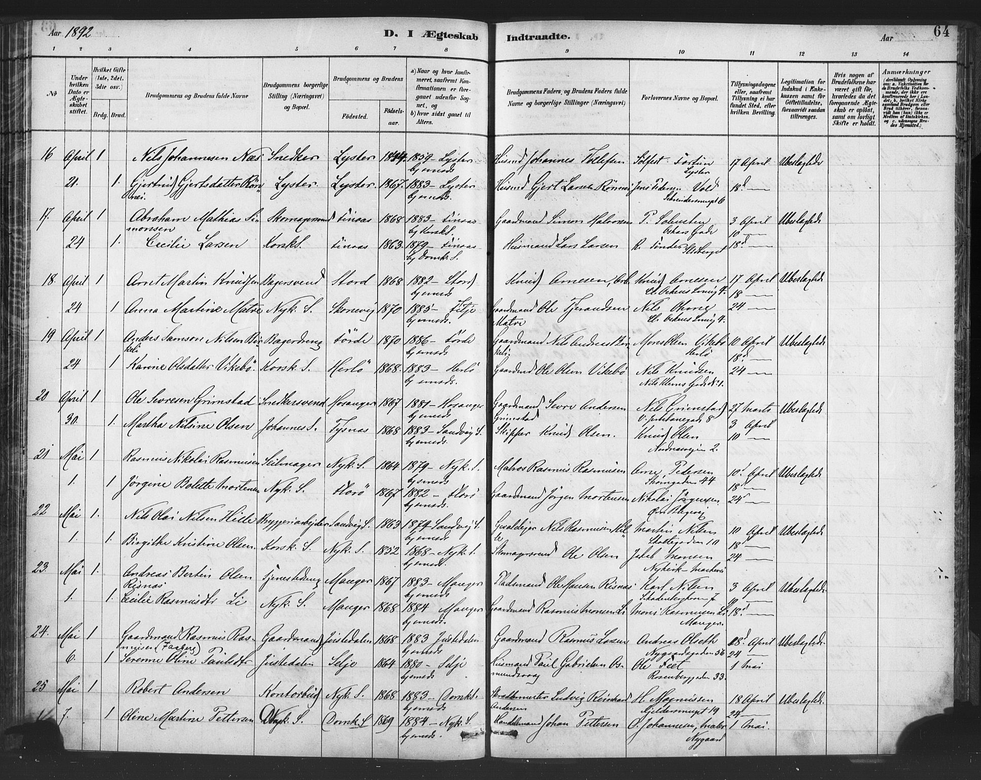 Nykirken Sokneprestembete, AV/SAB-A-77101/H/Haa/L0033: Parish register (official) no. D 3, 1884-1895, p. 64