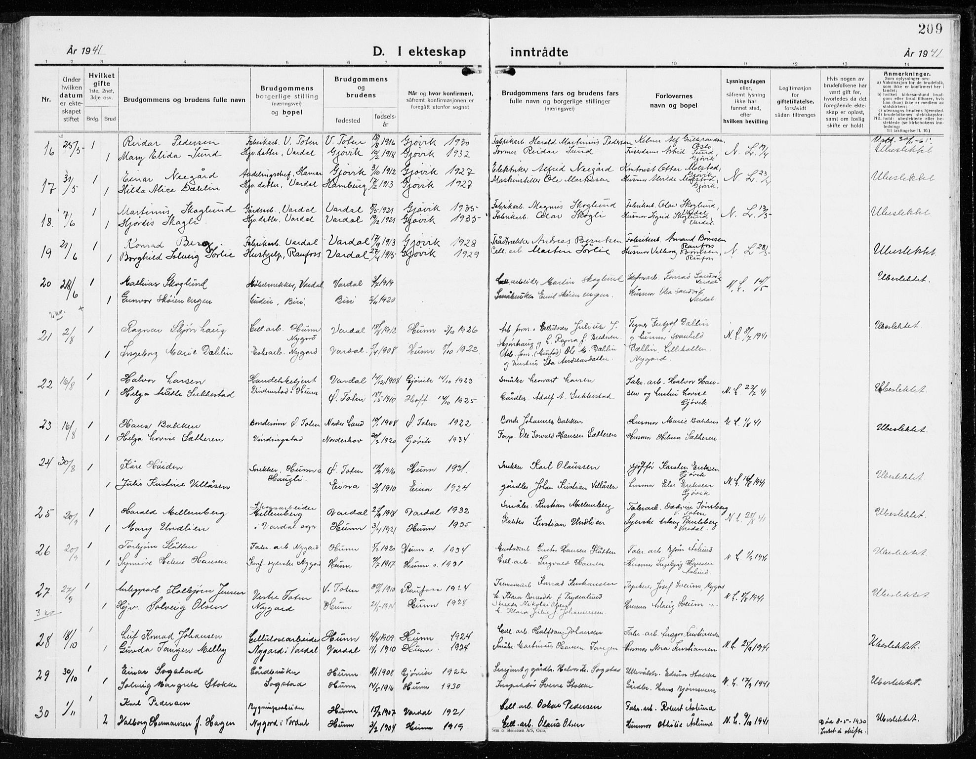 Vardal prestekontor, SAH/PREST-100/H/Ha/Haa/L0018: Parish register (official) no. 18, 1930-1945, p. 209