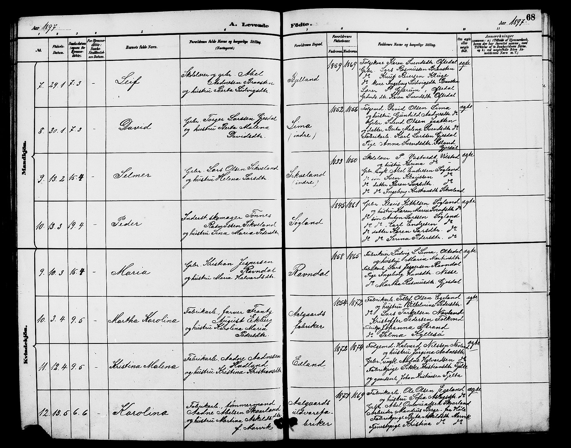 Lye sokneprestkontor, AV/SAST-A-101794/001/30BB/L0008: Parish register (copy) no. B 7, 1887-1901, p. 68