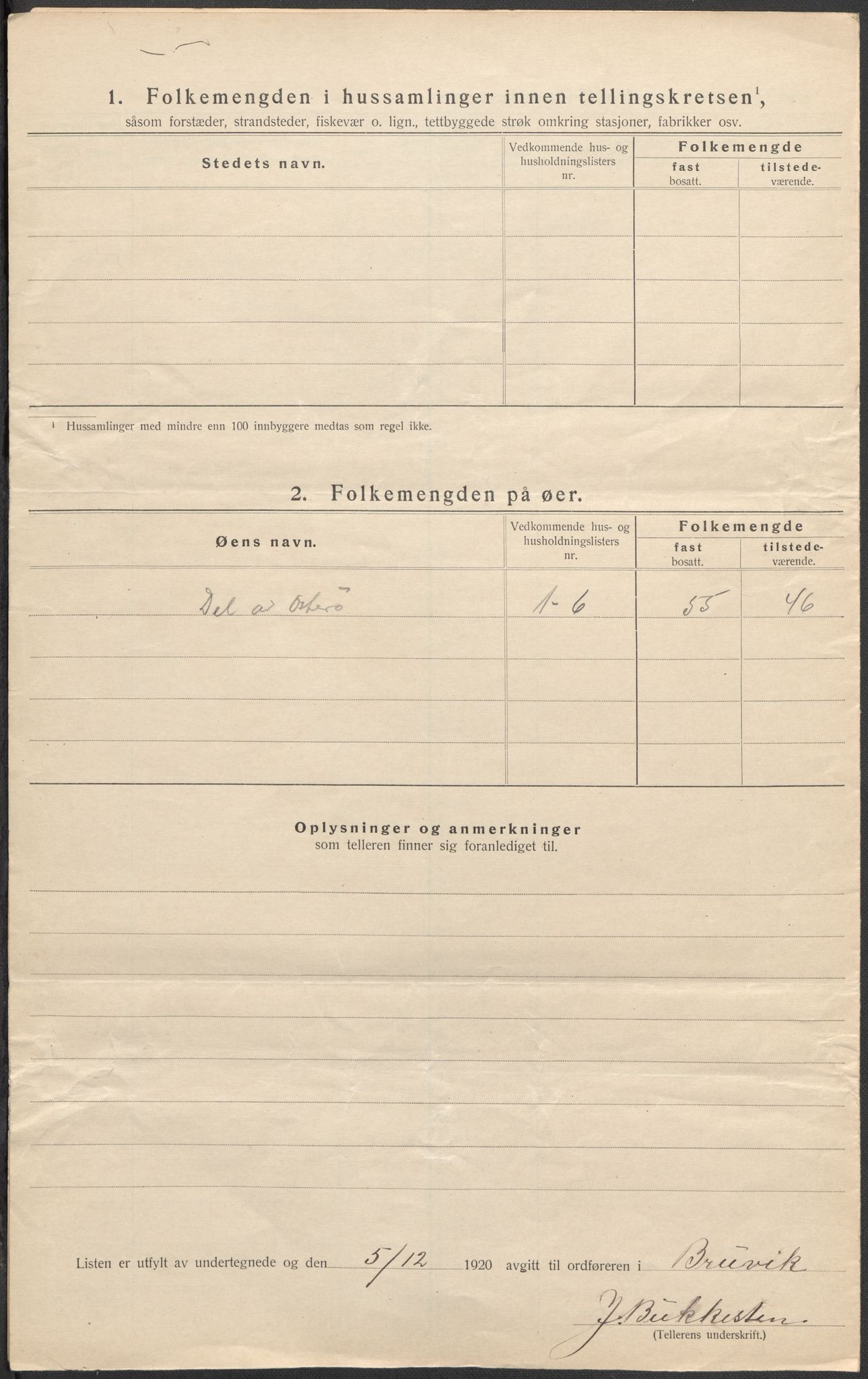 SAB, 1920 census for Bruvik, 1920, p. 37