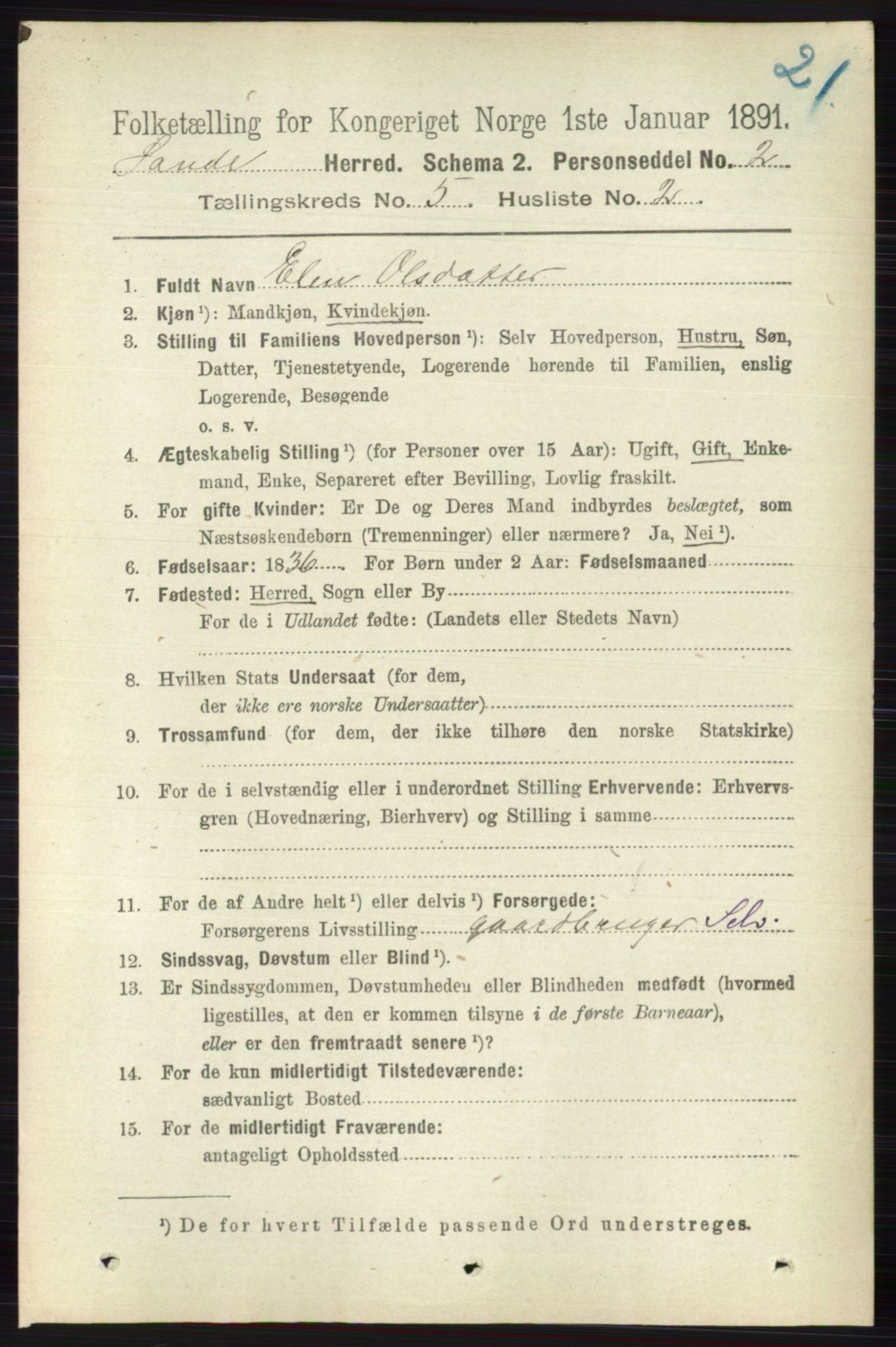 RA, 1891 census for 0713 Sande, 1891, p. 2142