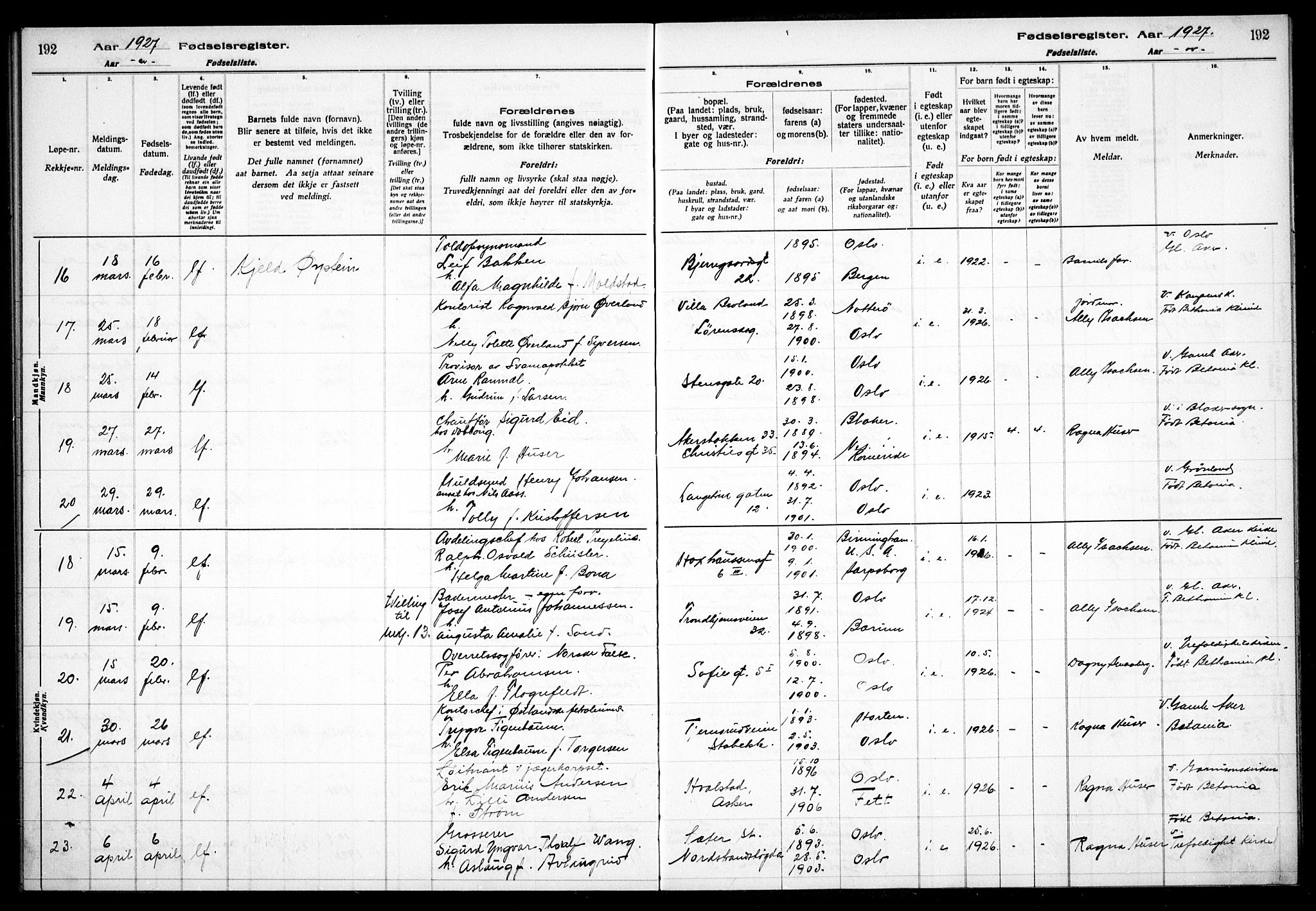 Gamle Aker prestekontor Kirkebøker, AV/SAO-A-10617a/J/L0001: Birth register no. 1, 1916-1927, p. 192