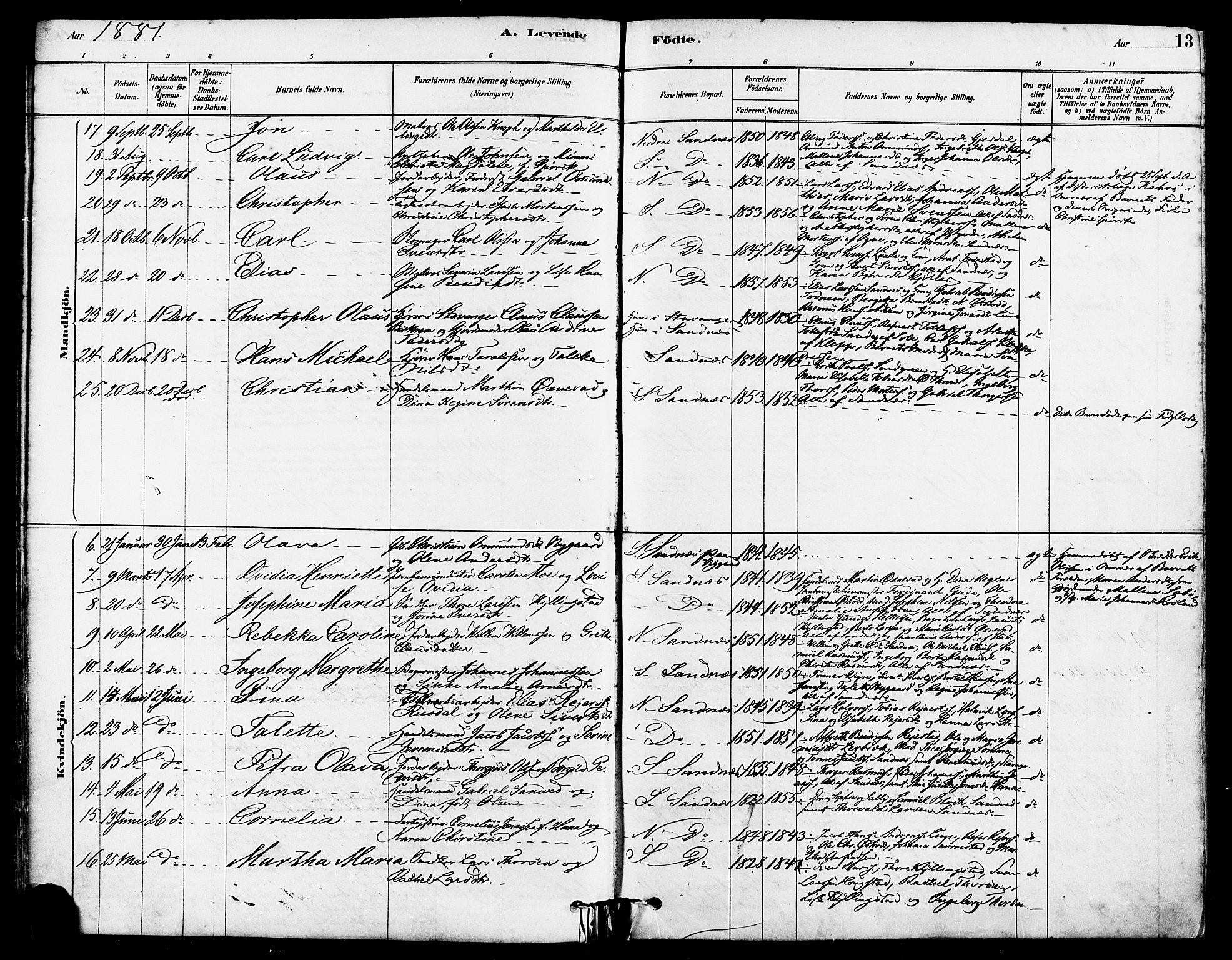 Høyland sokneprestkontor, SAST/A-101799/001/30BA/L0012: Parish register (official) no. A 11, 1878-1889, p. 13