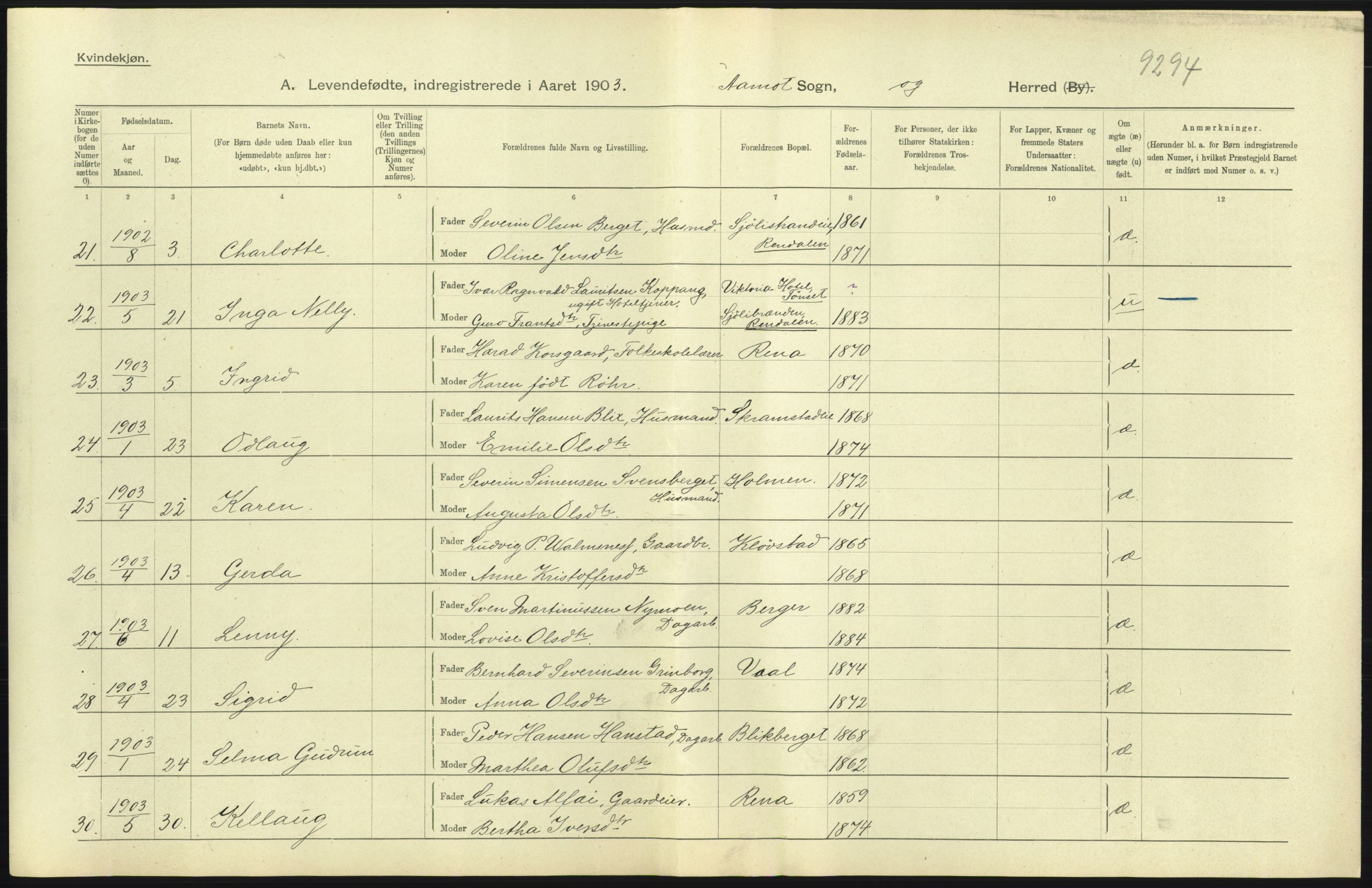 Statistisk sentralbyrå, Sosiodemografiske emner, Befolkning, AV/RA-S-2228/D/Df/Dfa/Dfaa/L0005: Hedemarkens amt: Fødte, gifte, døde, 1903, p. 439