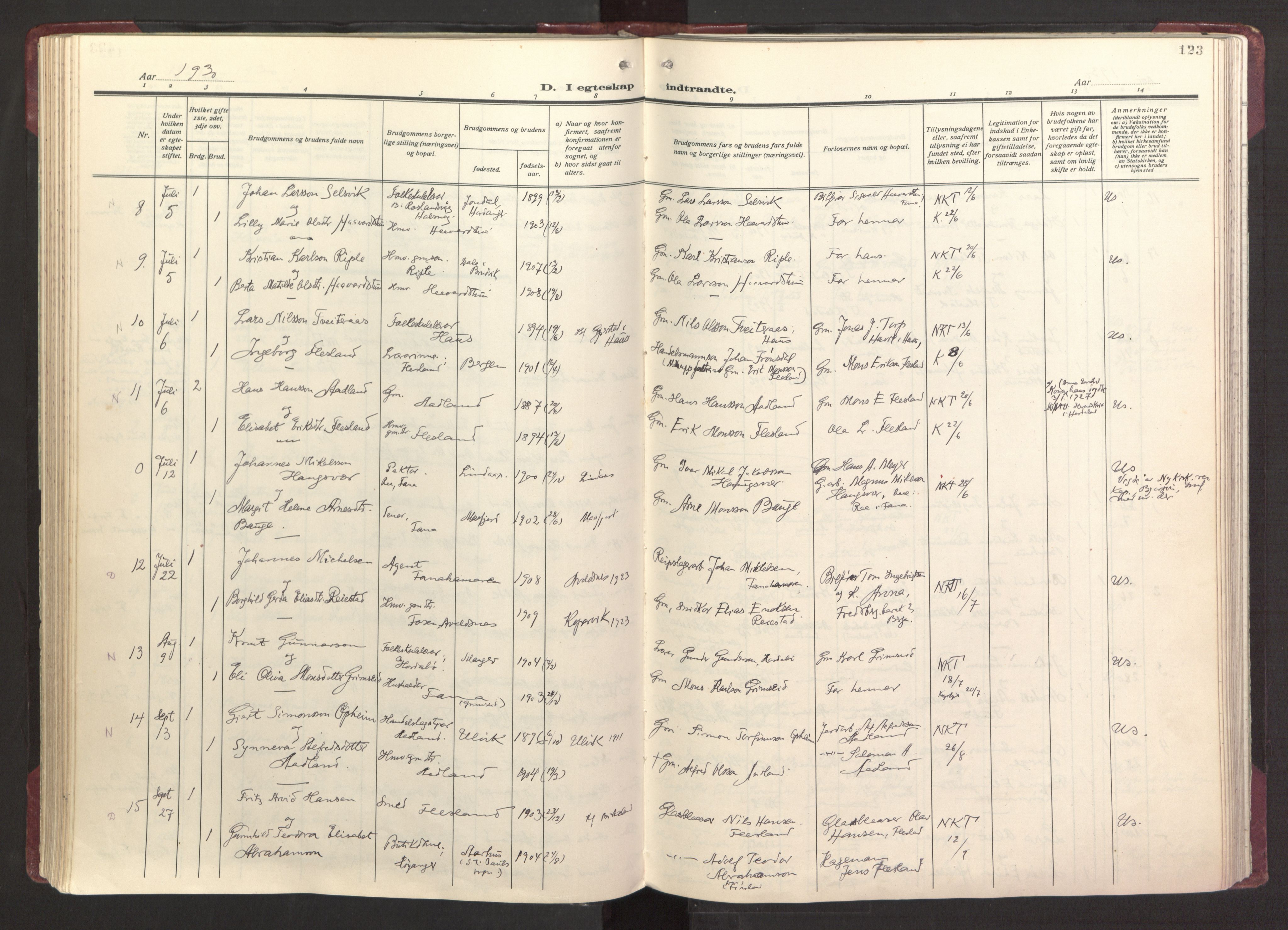 Fana Sokneprestembete, AV/SAB-A-75101/H/Haa/Haab/L0006: Parish register (official) no. B 6, 1923-1967, p. 123