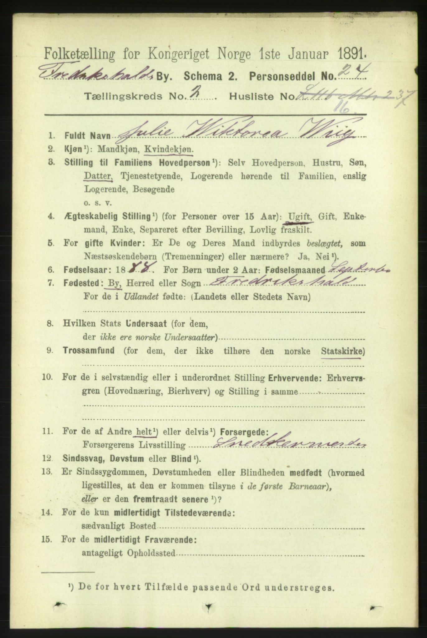 RA, 1891 census for 0101 Fredrikshald, 1891, p. 2843