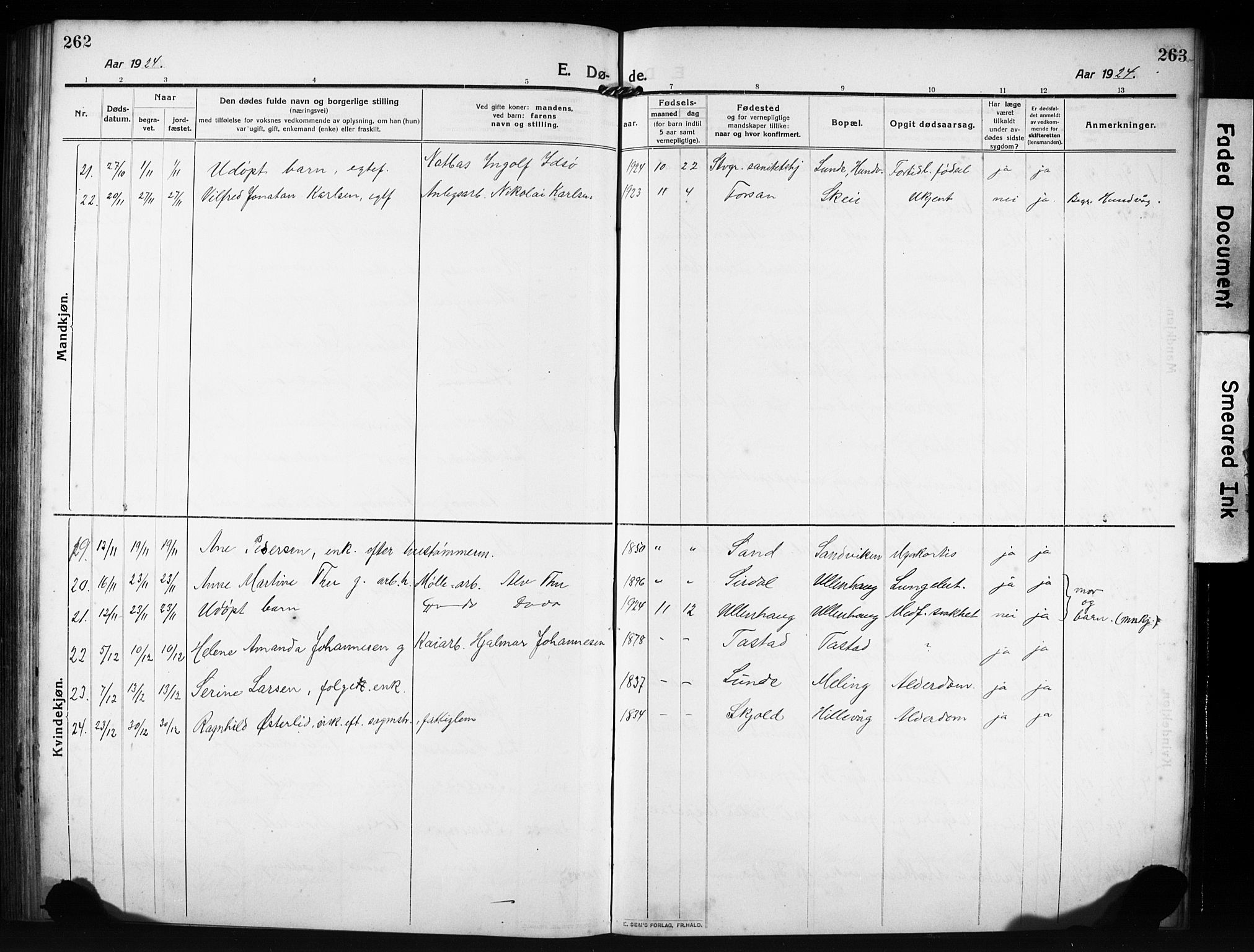 Hetland sokneprestkontor, AV/SAST-A-101826/30/30BB/L0009: Parish register (copy) no. B 9, 1910-1931, p. 262-263