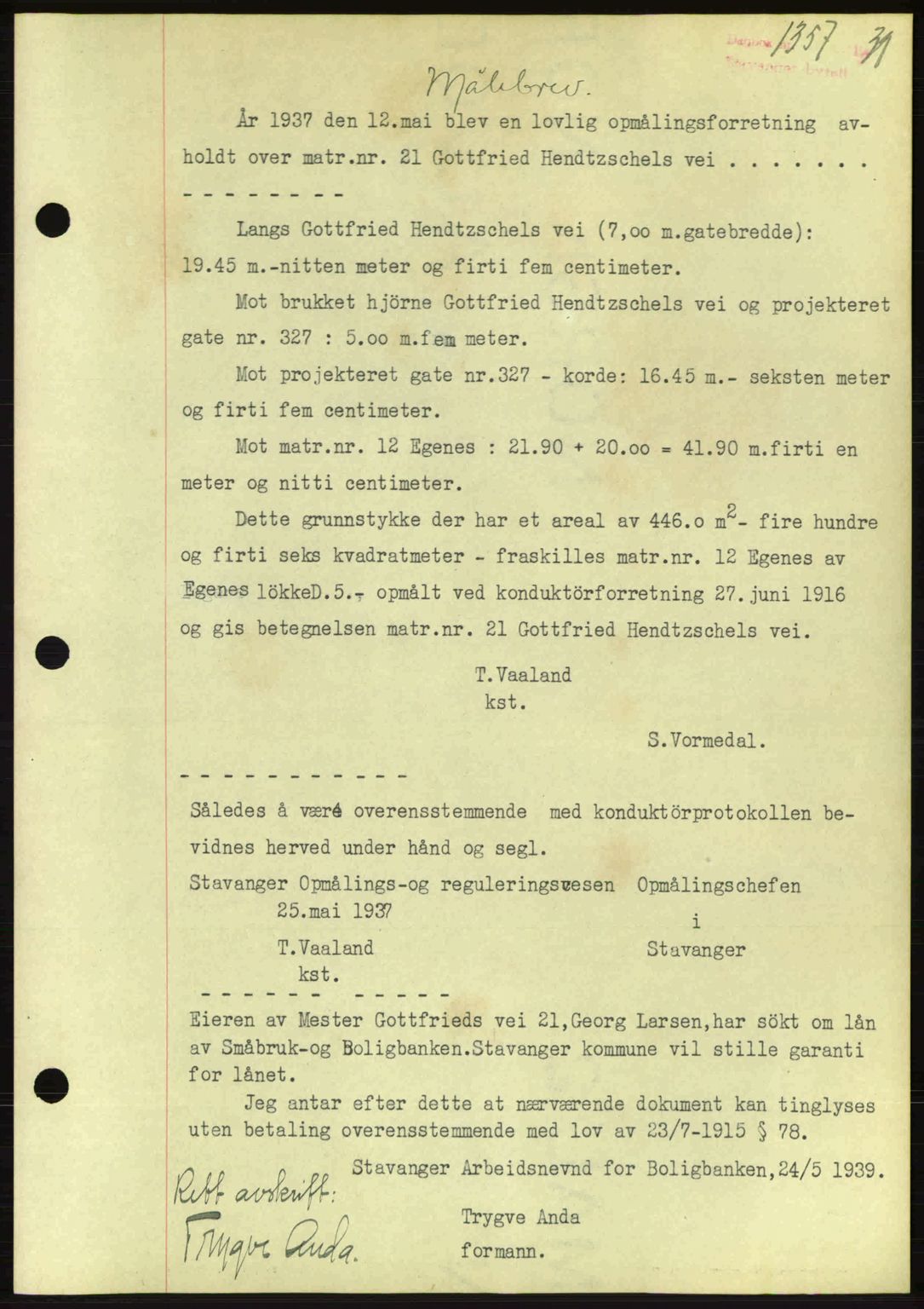 Stavanger byrett, SAST/A-100455/002/G/Gb/L0014: Mortgage book no. A4, 1938-1939, Diary no: : 1357/1939