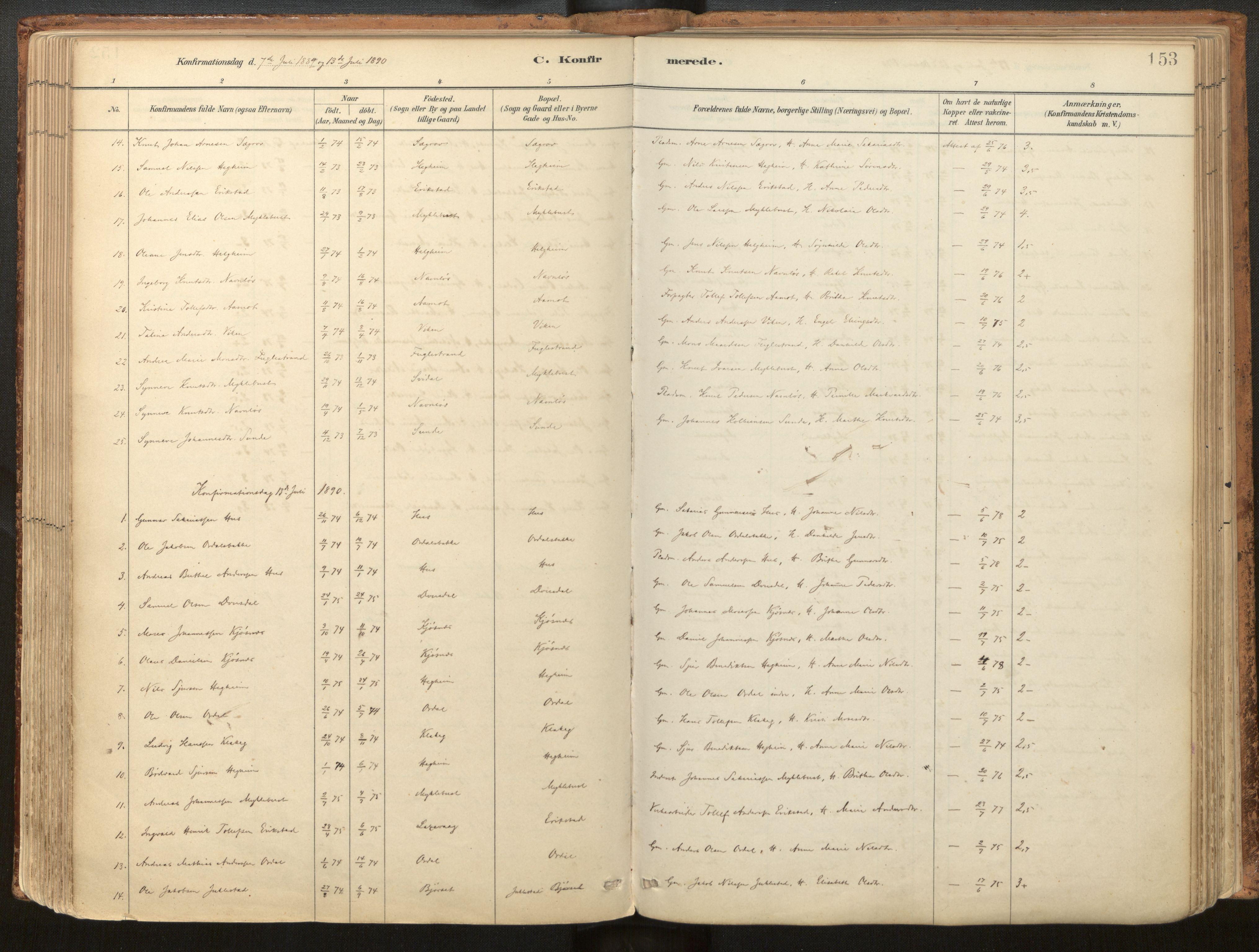 Jølster sokneprestembete, SAB/A-80701/H/Haa/Haac/L0001: Parish register (official) no. C 1, 1882-1928, p. 153