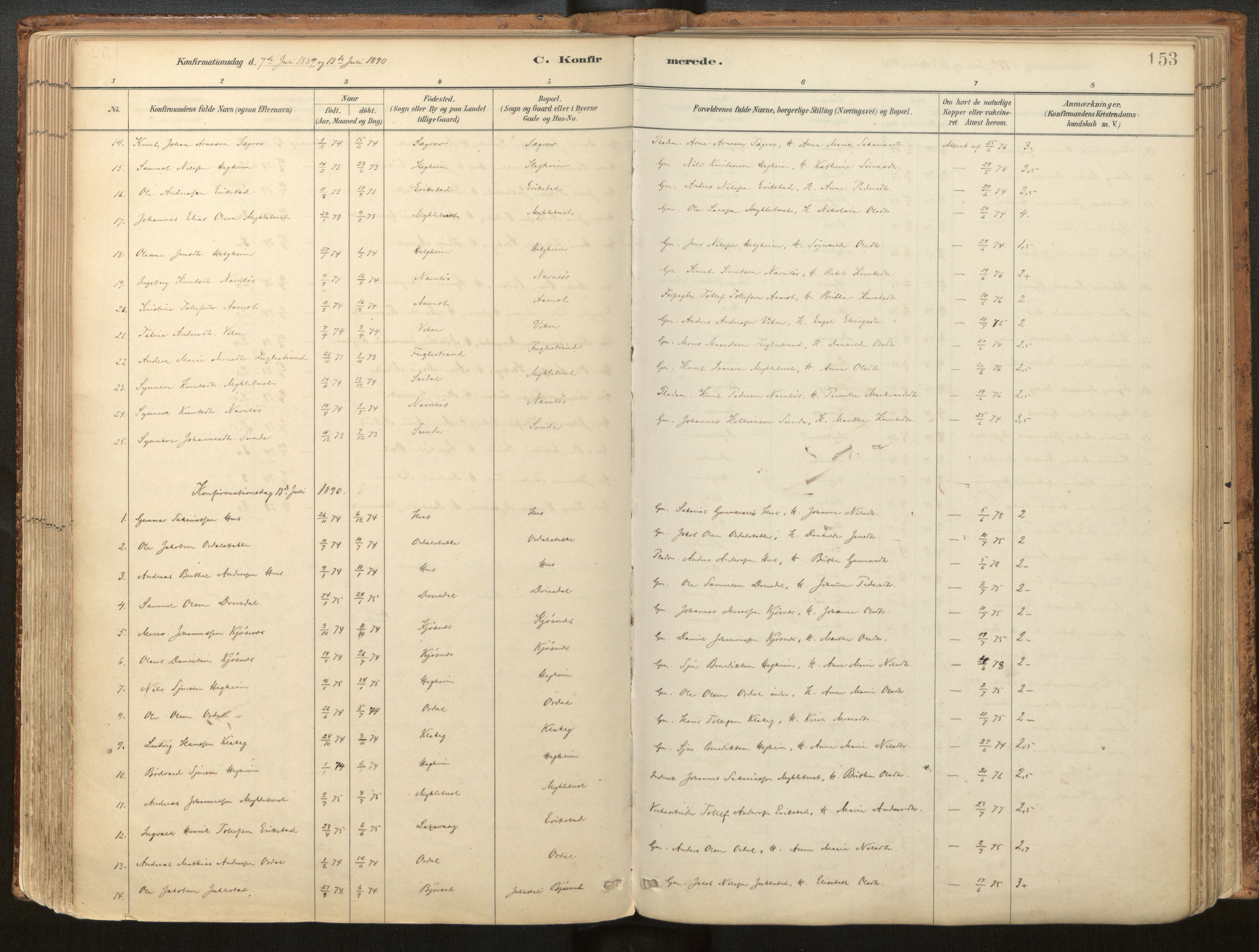 Jølster sokneprestembete, AV/SAB-A-80701/H/Haa/Haac/L0001: Parish register (official) no. C 1, 1882-1928, p. 153