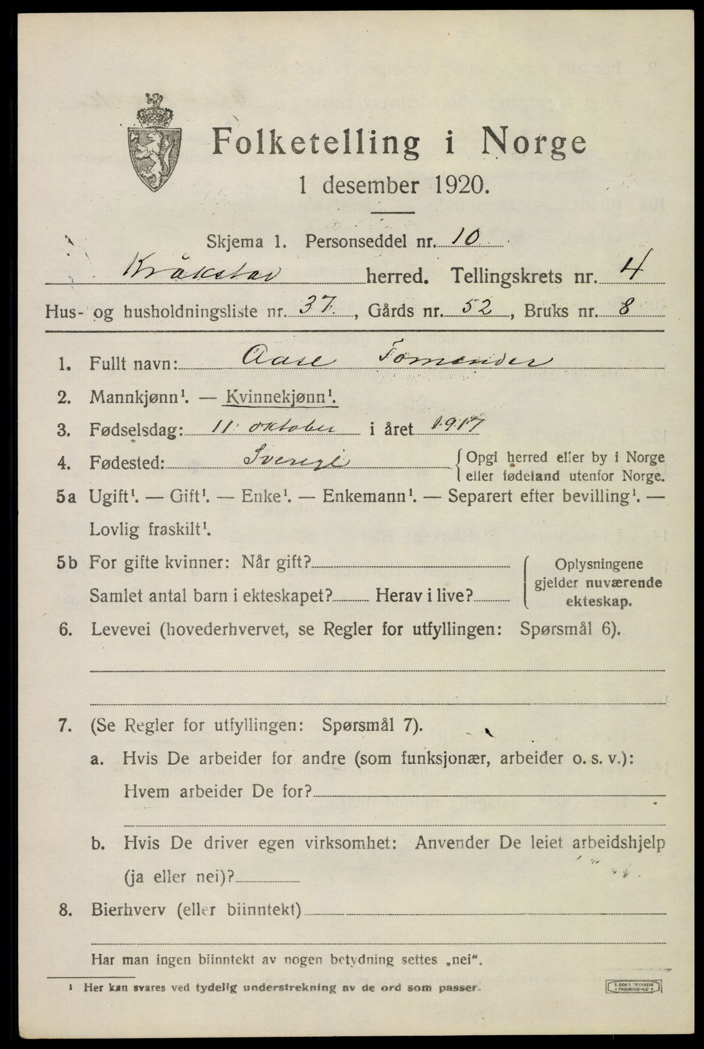 SAO, 1920 census for Kråkstad, 1920, p. 4597