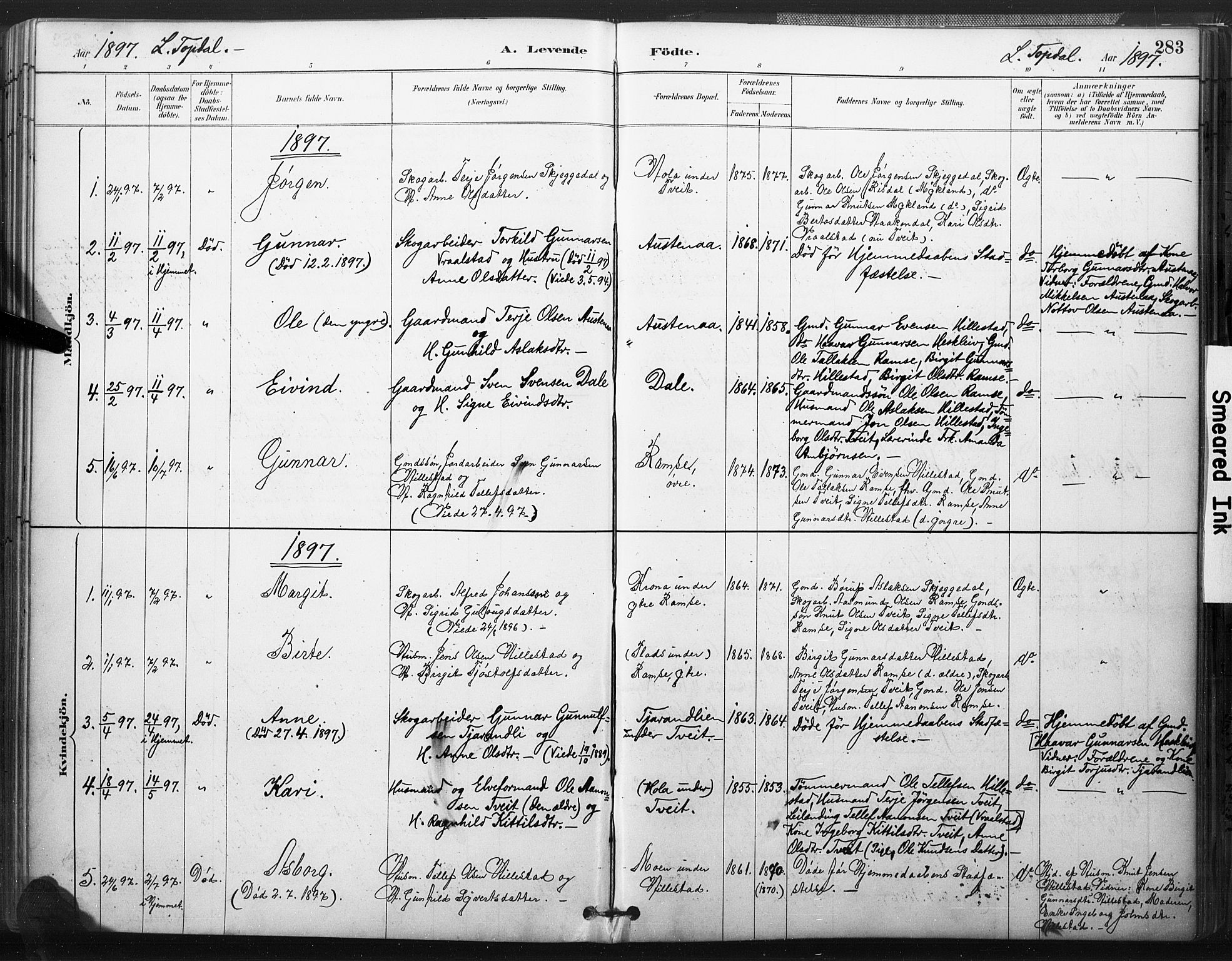 Åmli sokneprestkontor, AV/SAK-1111-0050/F/Fa/Fac/L0010: Parish register (official) no. A 10 /3, 1885-1899, p. 283