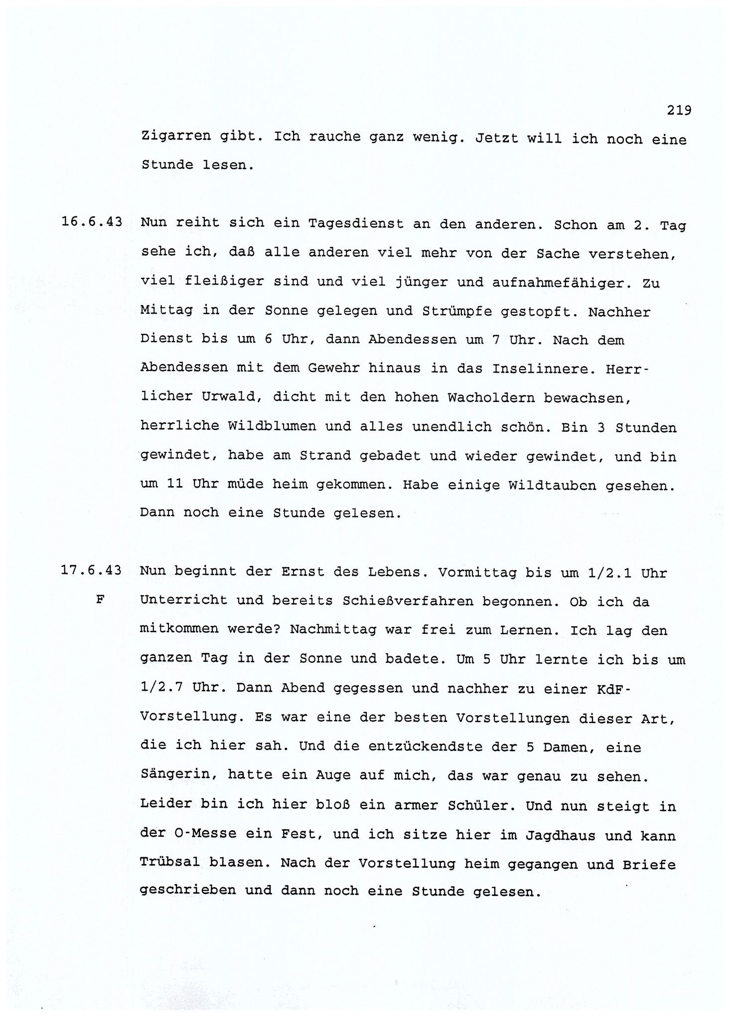 Dagbokopptegnelser av en tysk marineoffiser stasjonert i Norge , FMFB/A-1160/F/L0001: Dagbokopptegnelser av en tysk marineoffiser stasjonert i Norge, 1941-1944, p. 219