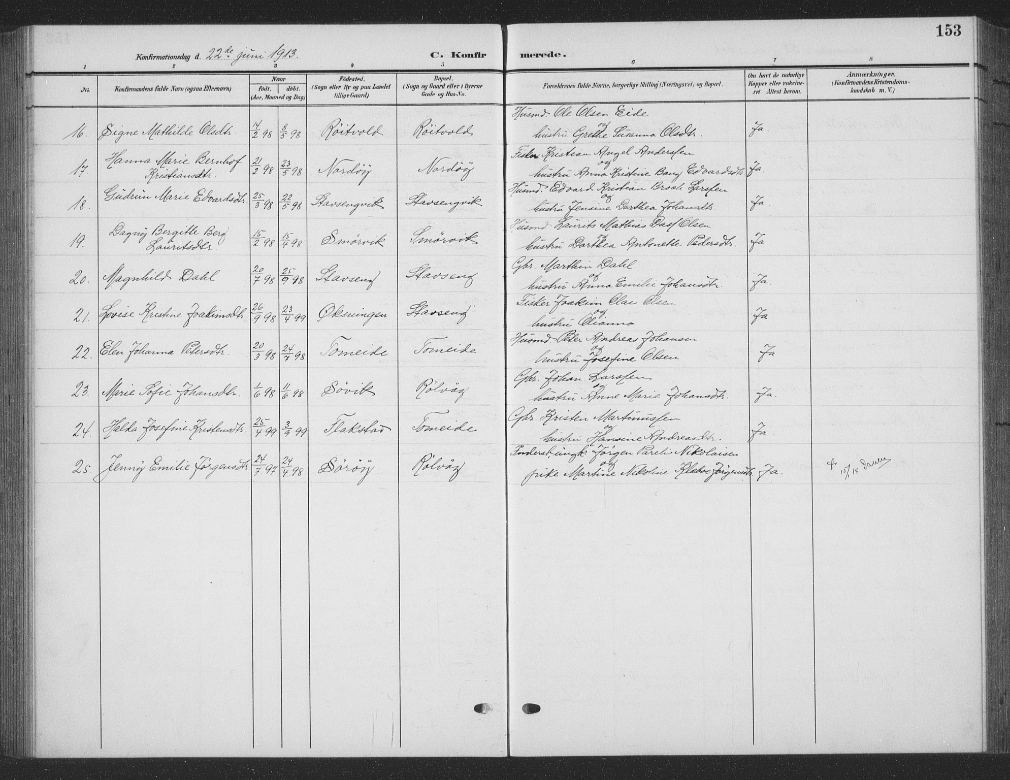 Ministerialprotokoller, klokkerbøker og fødselsregistre - Nordland, AV/SAT-A-1459/835/L0533: Parish register (copy) no. 835C05, 1906-1939, p. 153