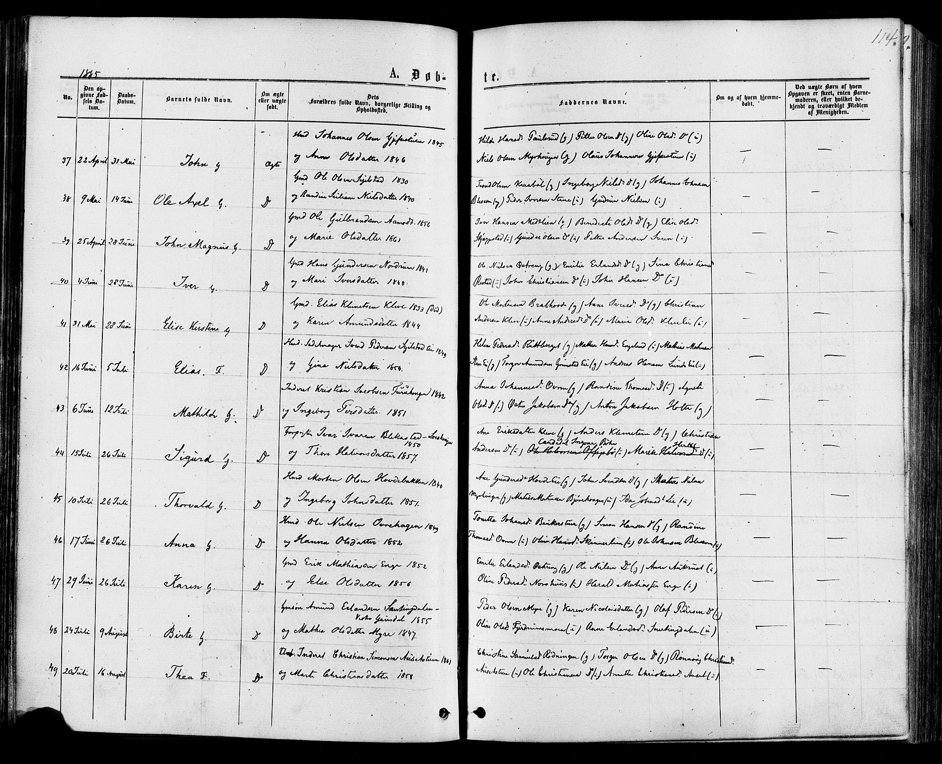 Østre Gausdal prestekontor, SAH/PREST-092/H/Ha/Haa/L0001: Parish register (official) no. 1, 1874-1886, p. 114