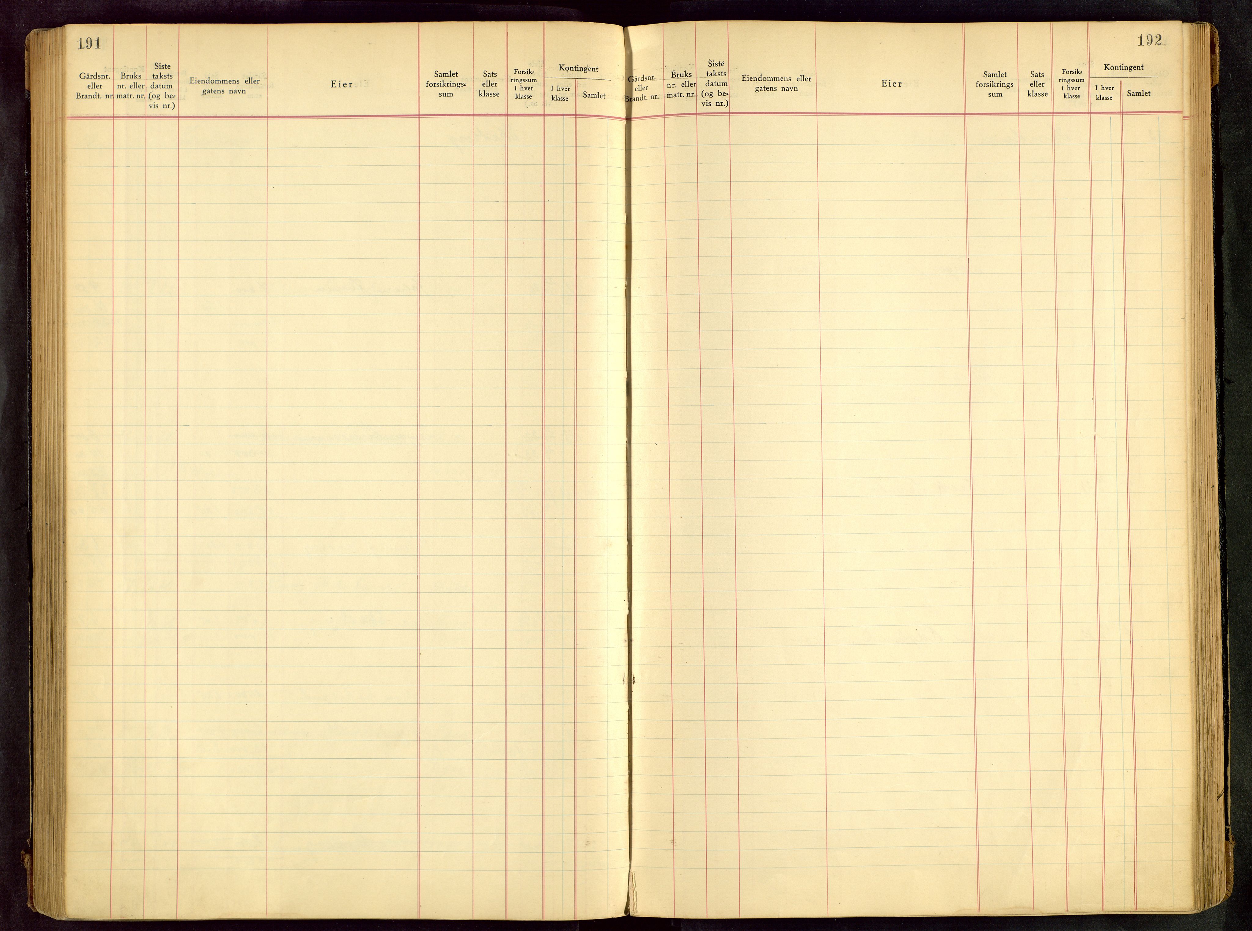 Håland lensmannskontor, SAST/A-100100/Goa/L0001: Beregningsprotokoll brannforsikring, 1932-1947, p. 191-192