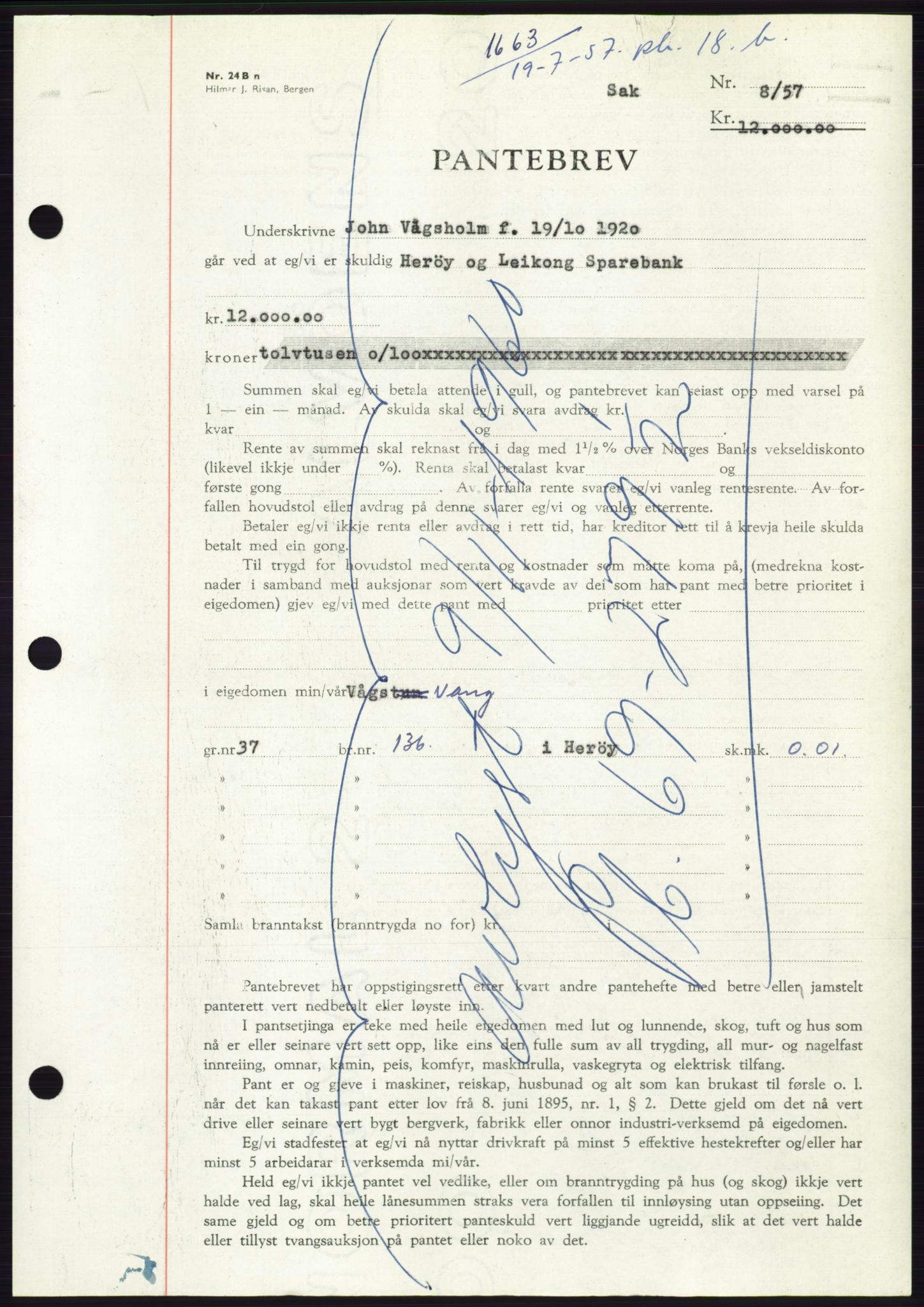 Søre Sunnmøre sorenskriveri, AV/SAT-A-4122/1/2/2C/L0130: Mortgage book no. 18B, 1957-1958, Diary no: : 1663/1957