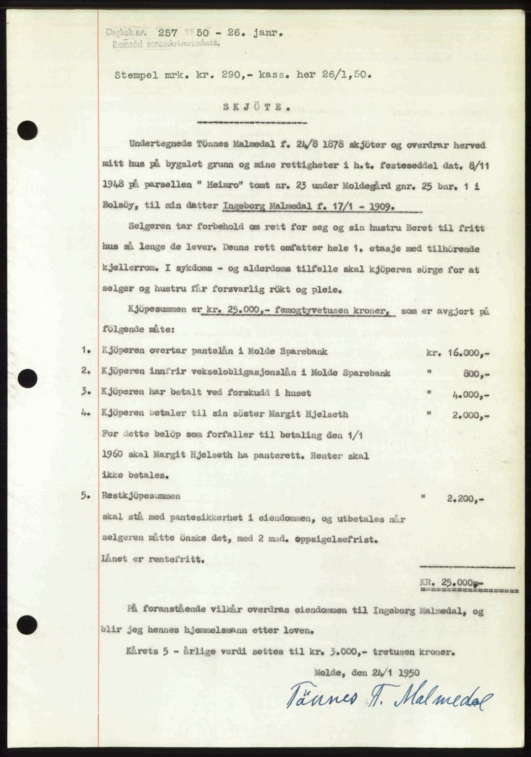 Romsdal sorenskriveri, AV/SAT-A-4149/1/2/2C: Mortgage book no. A32, 1950-1950, Diary no: : 257/1950