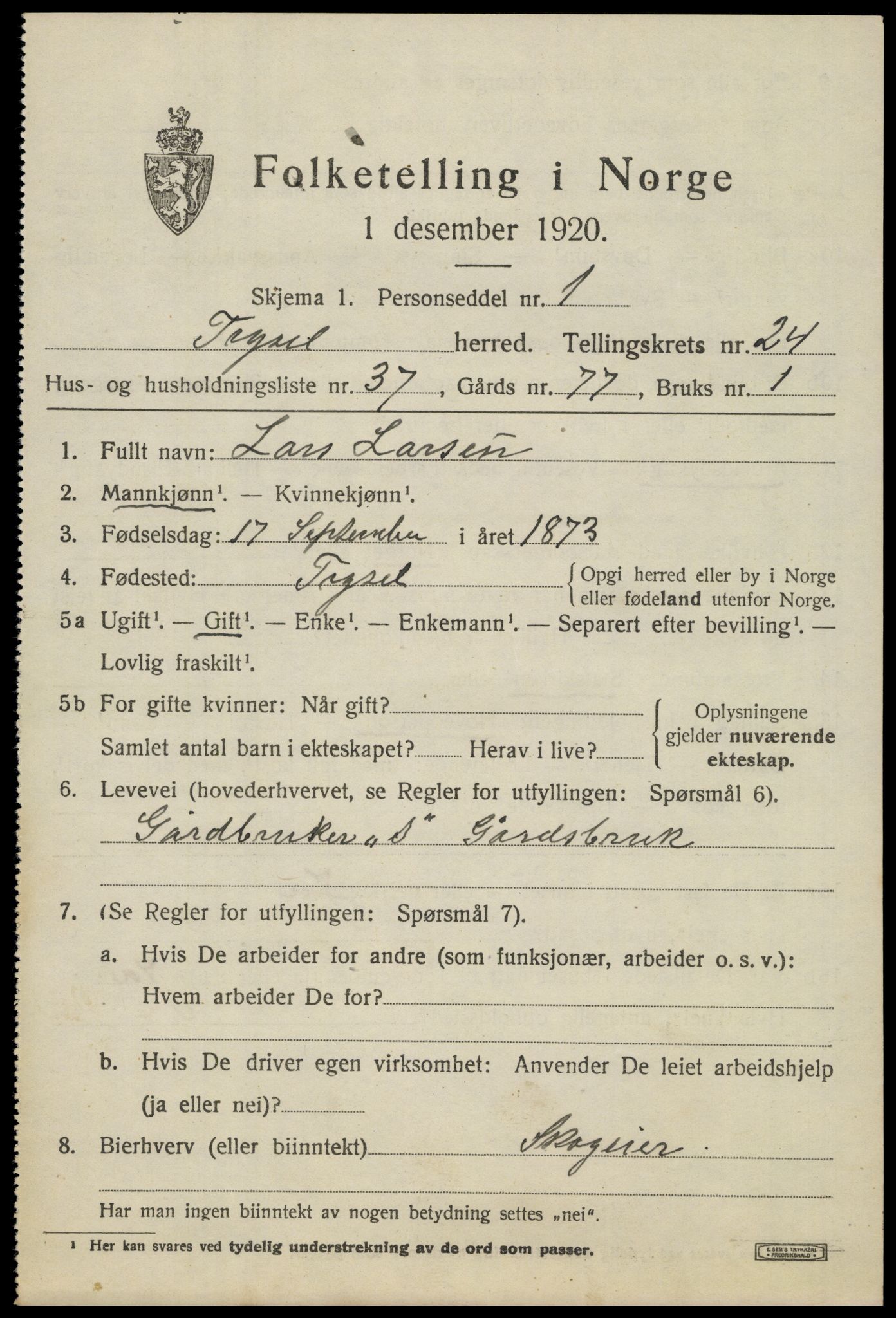 SAH, 1920 census for Trysil, 1920, p. 15665