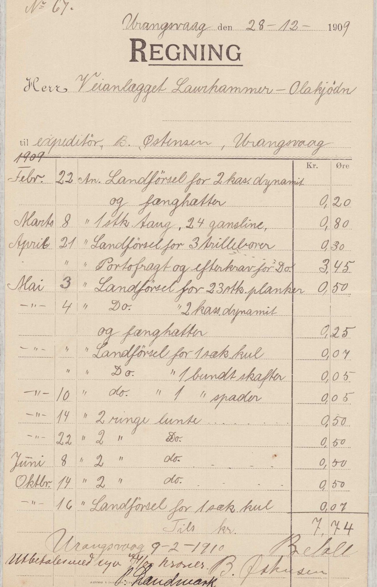 Finnaas kommune. Formannskapet, IKAH/1218a-021/E/Ea/L0001/0003: Rekneskap for veganlegg / Rekneskap for veganlegget Laurhammer - Olakjødn, 1909-1911, p. 16