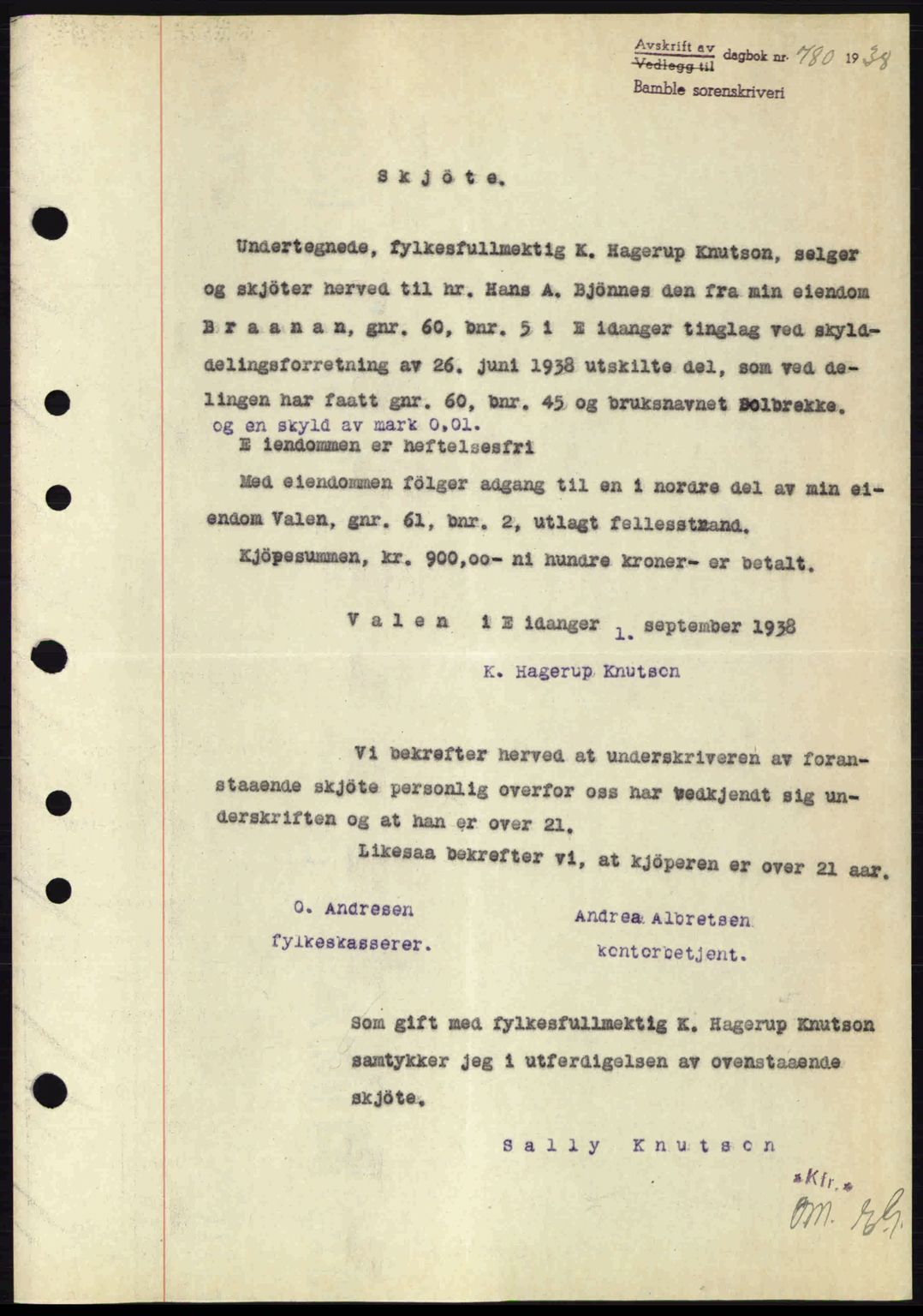 Bamble sorenskriveri, AV/SAKO-A-214/G/Ga/Gag/L0002: Mortgage book no. A-2, 1937-1938, Diary no: : 780/1938