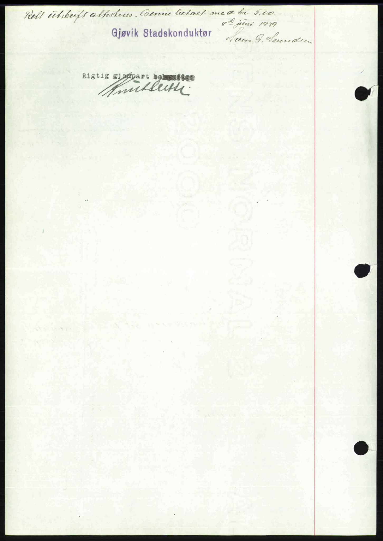 Toten tingrett, SAH/TING-006/H/Hb/Hbc/L0006: Mortgage book no. Hbc-06, 1939-1939, Diary no: : 1586/1939