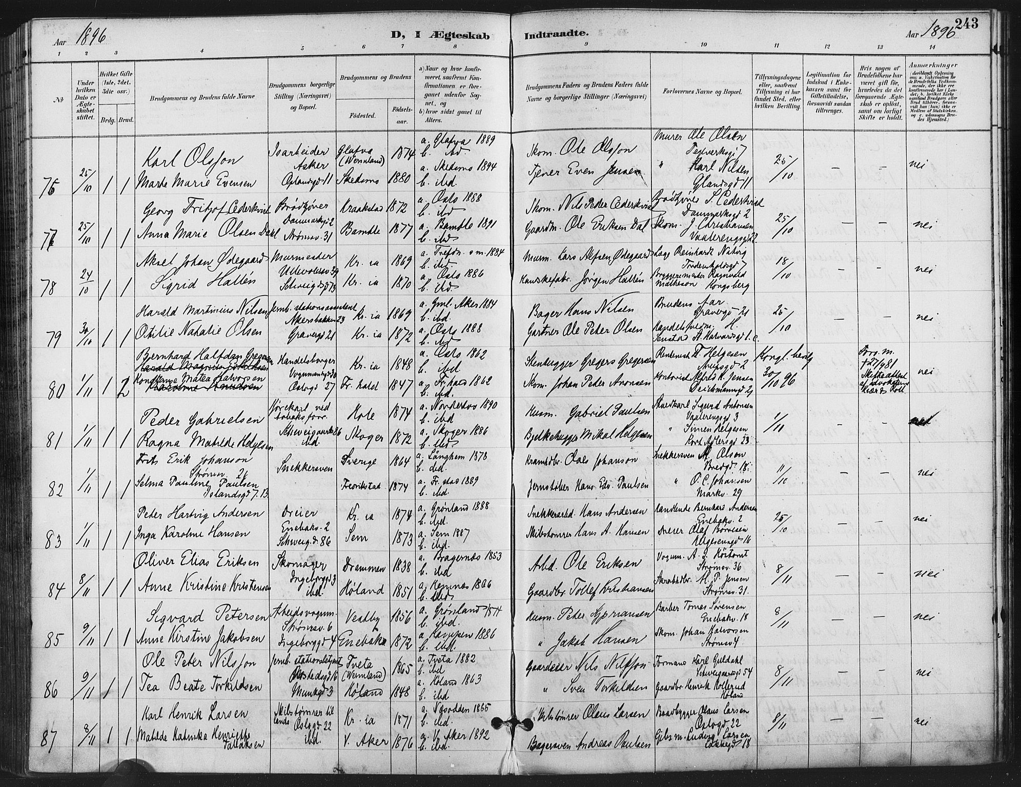 Gamlebyen prestekontor Kirkebøker, AV/SAO-A-10884/F/Fa/L0008: Parish register (official) no. 8, 1891-1908, p. 243