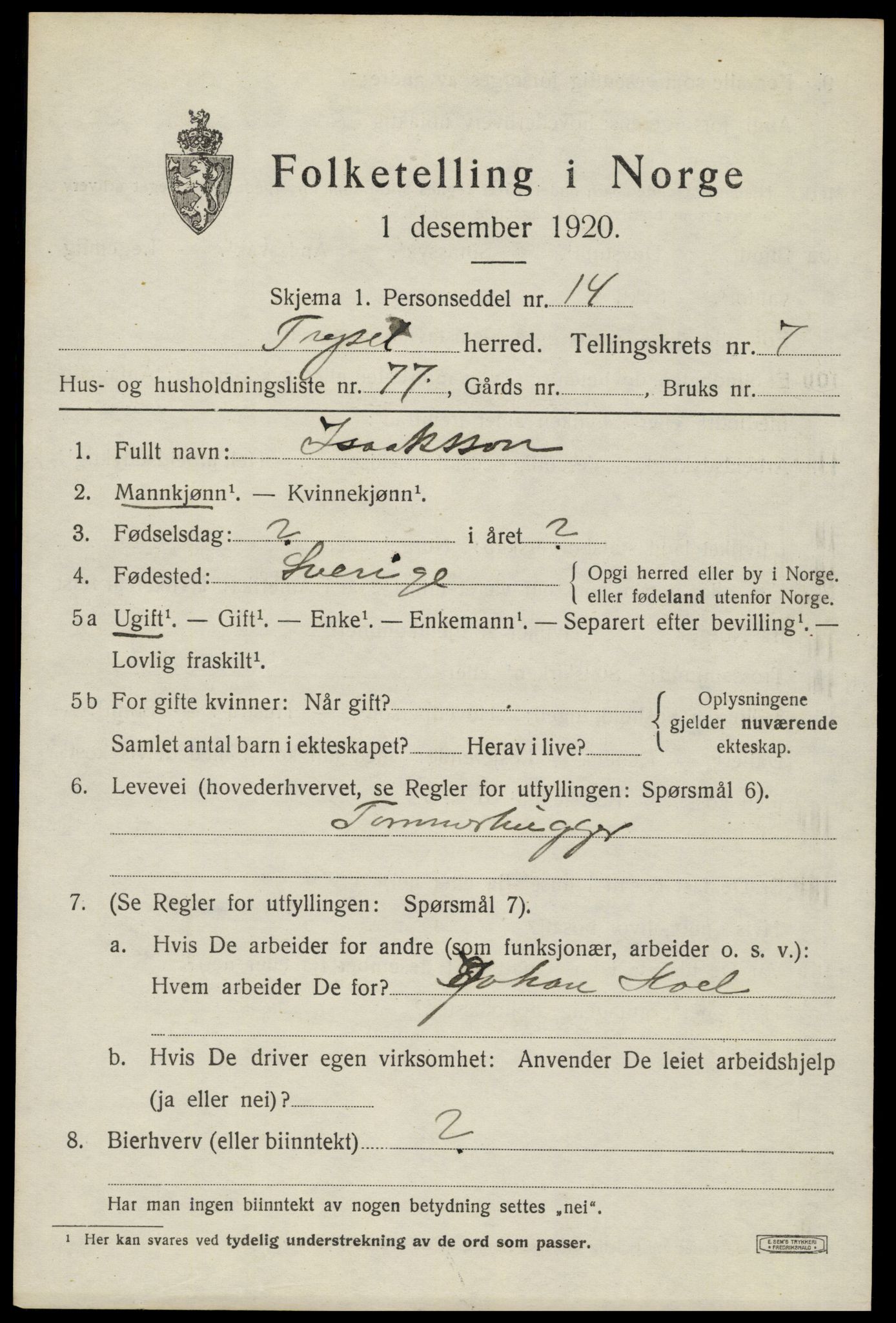 SAH, 1920 census for Trysil, 1920, p. 6219