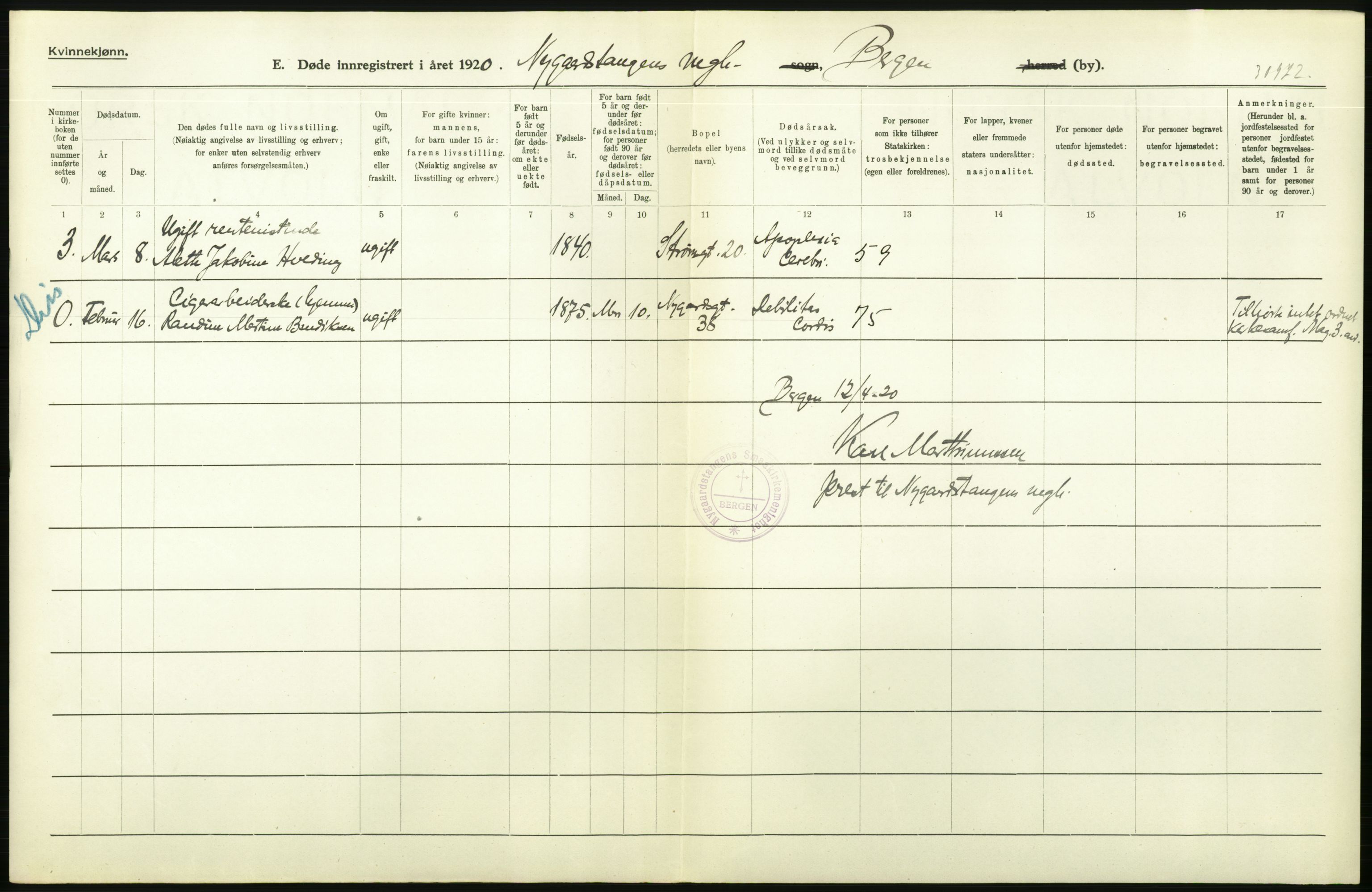 Statistisk sentralbyrå, Sosiodemografiske emner, Befolkning, AV/RA-S-2228/D/Df/Dfb/Dfbj/L0042: Bergen: Gifte, døde, dødfødte., 1920, p. 288