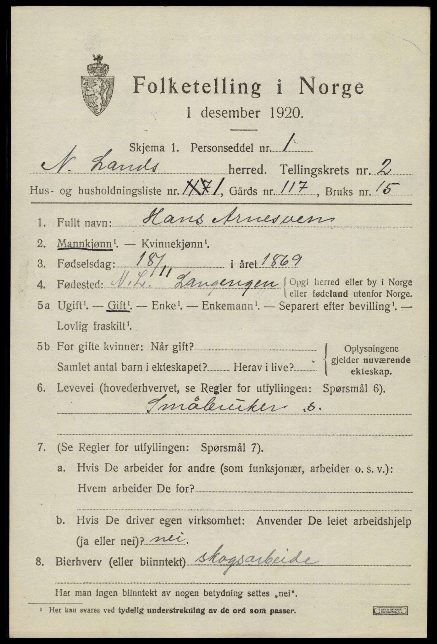SAH, 1920 census for Nordre Land, 1920, p. 1646
