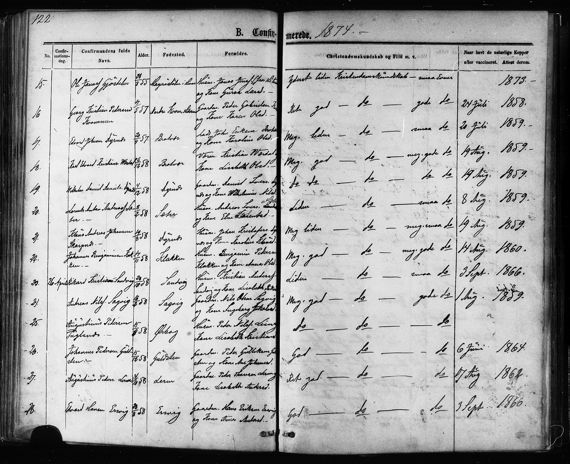 Ministerialprotokoller, klokkerbøker og fødselsregistre - Møre og Romsdal, AV/SAT-A-1454/581/L0938: Parish register (official) no. 581A06, 1873-1879, p. 122