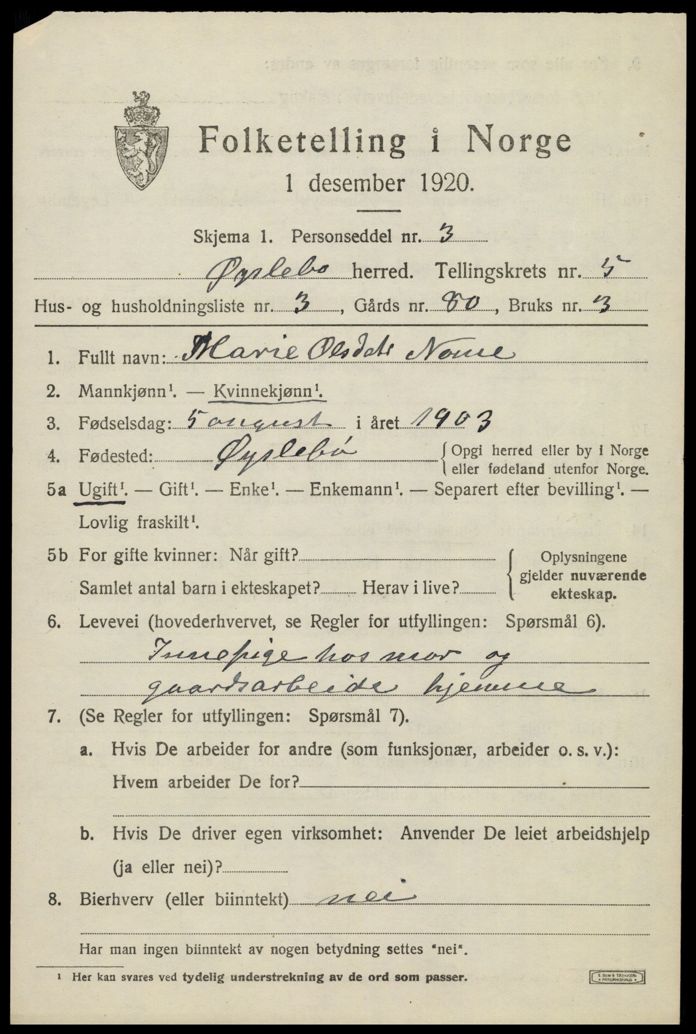 SAK, 1920 census for Øyslebø, 1920, p. 1308