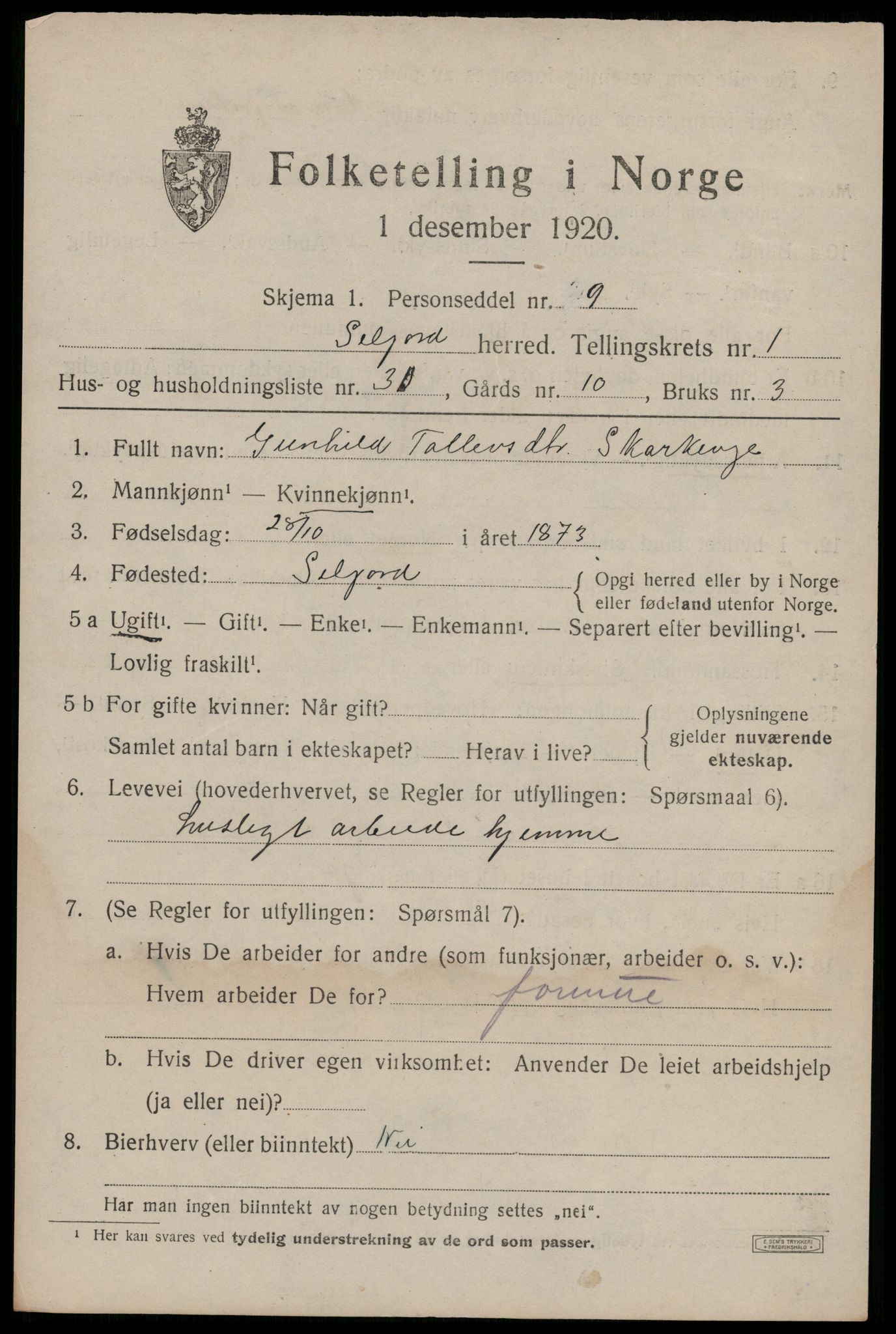 SAKO, 1920 census for Seljord, 1920, p. 1508