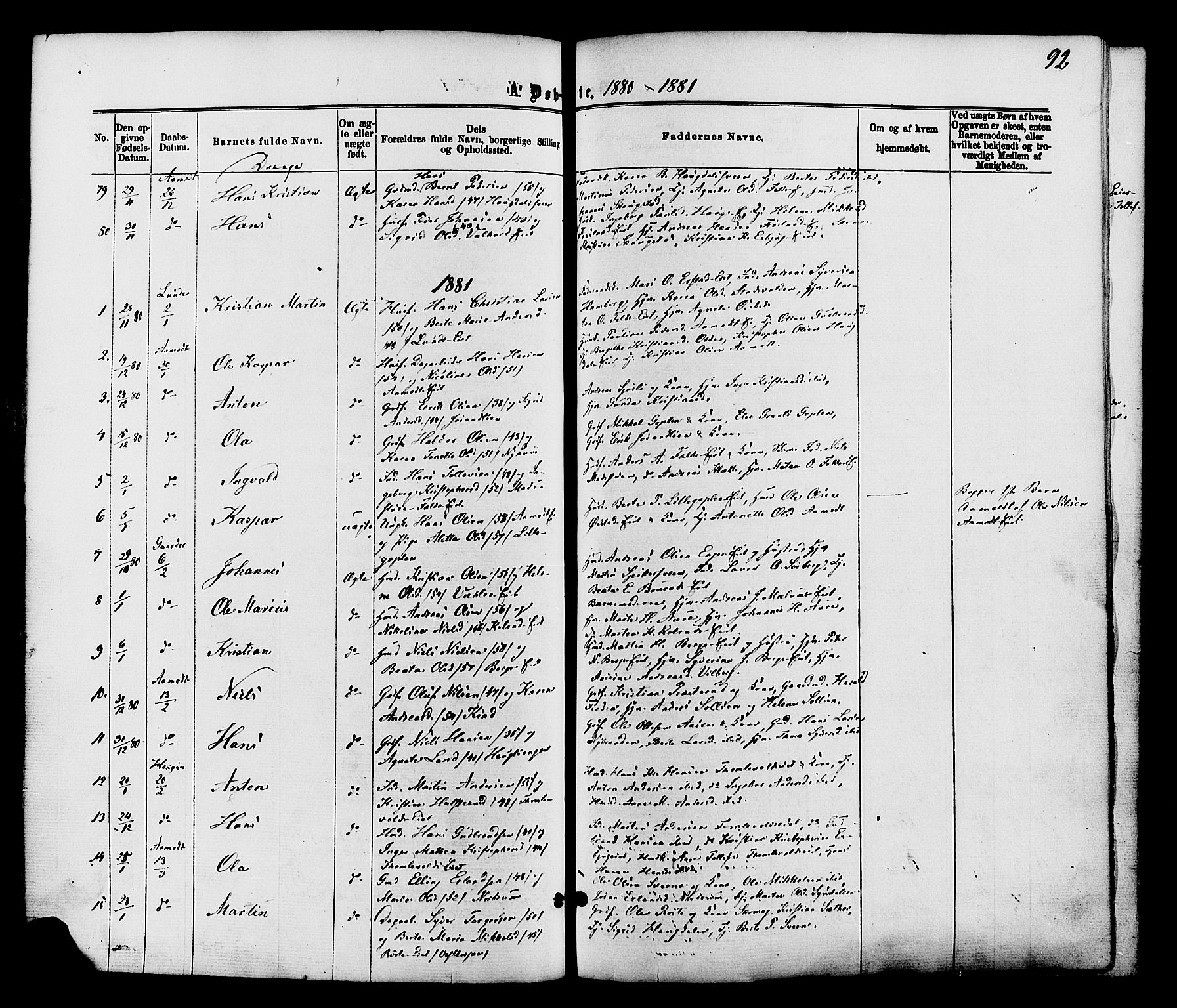 Nordre Land prestekontor, AV/SAH-PREST-124/H/Ha/Haa/L0002: Parish register (official) no. 2, 1872-1881, p. 92