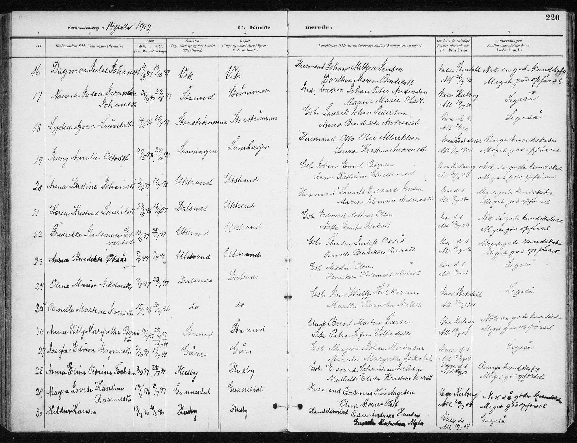 Kvæfjord sokneprestkontor, SATØ/S-1323/G/Ga/Gaa/L0006kirke: Parish register (official) no. 6, 1895-1914, p. 220