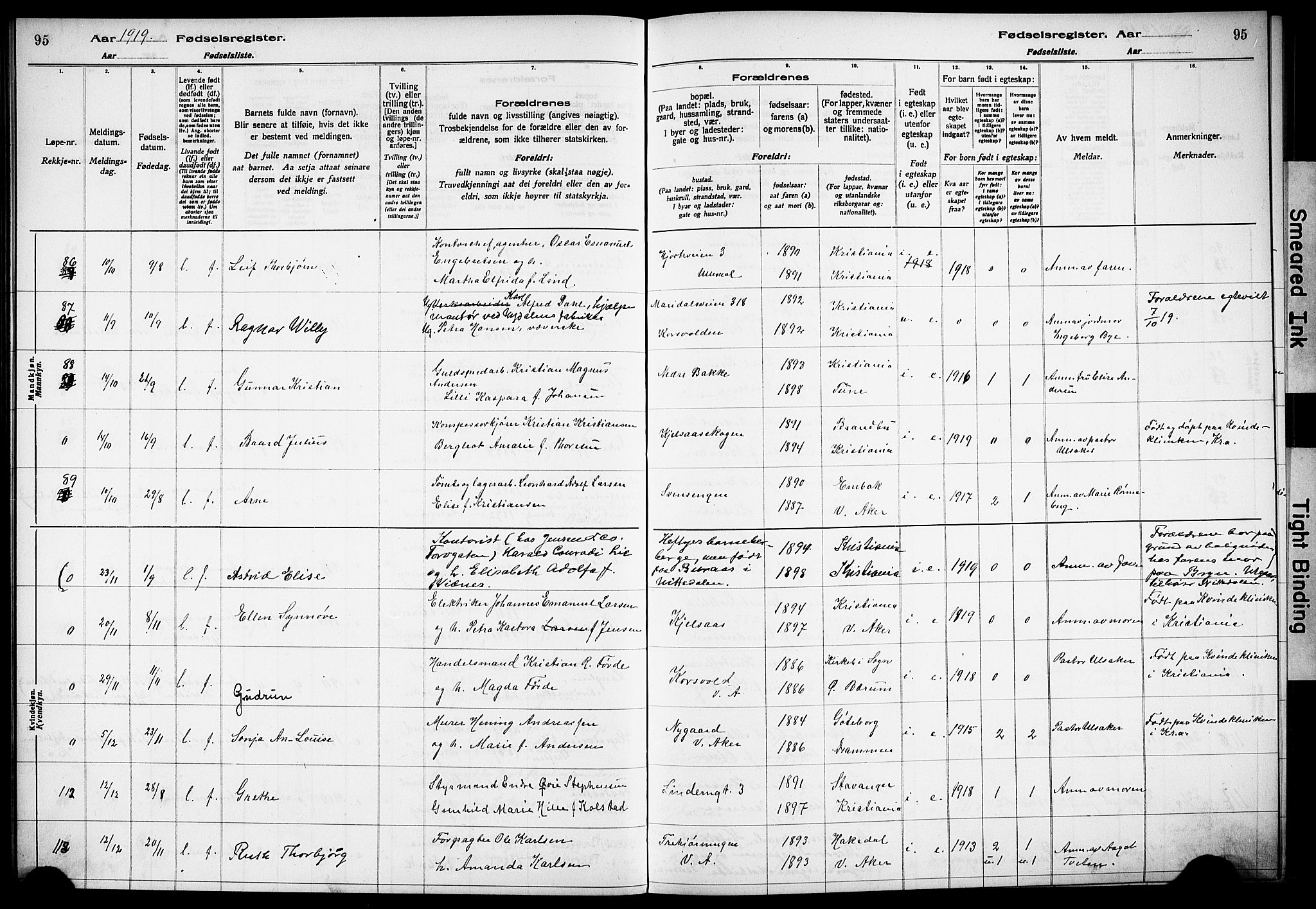 Vestre Aker prestekontor Kirkebøker, AV/SAO-A-10025/J/Ja/L0001: Birth register no. 1, 1916-1922, p. 95