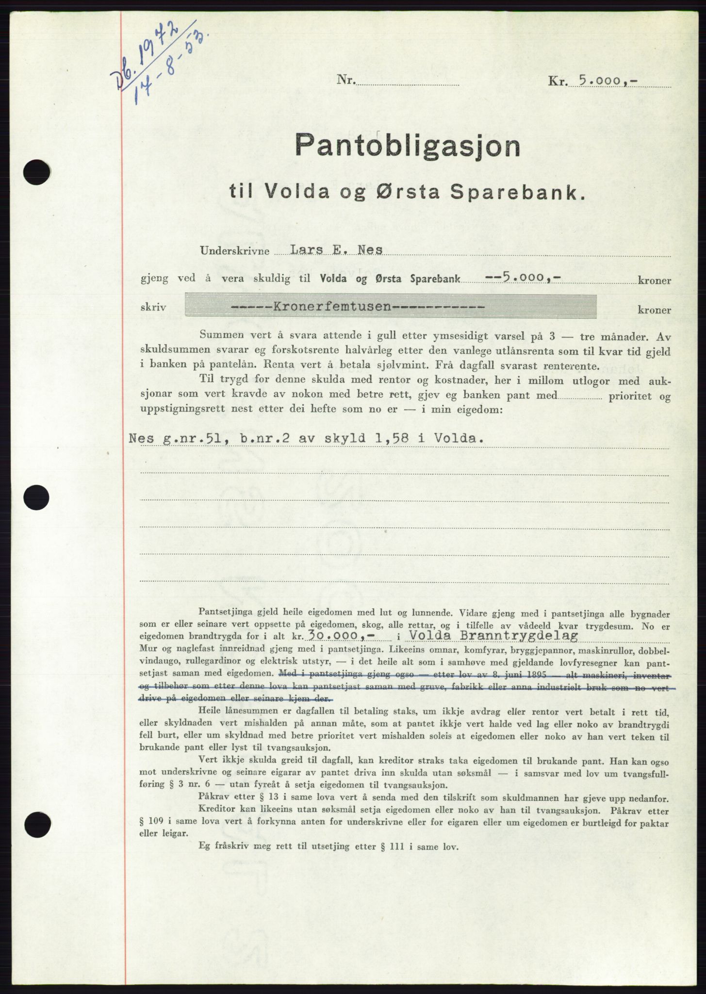 Søre Sunnmøre sorenskriveri, AV/SAT-A-4122/1/2/2C/L0123: Mortgage book no. 11B, 1953-1953, Diary no: : 1972/1953