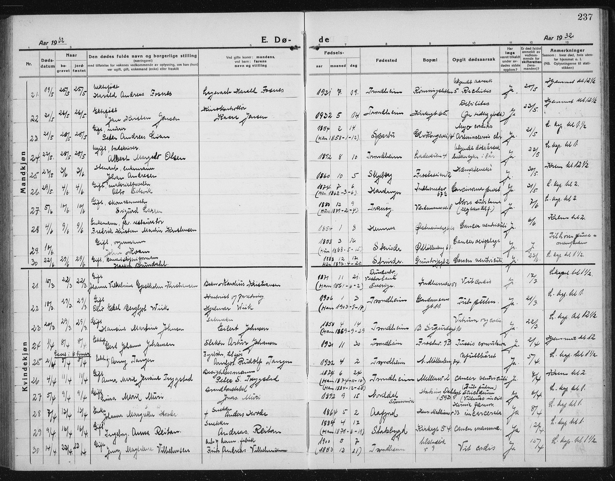 Ministerialprotokoller, klokkerbøker og fødselsregistre - Sør-Trøndelag, SAT/A-1456/605/L0260: Parish register (copy) no. 605C07, 1922-1942, p. 237