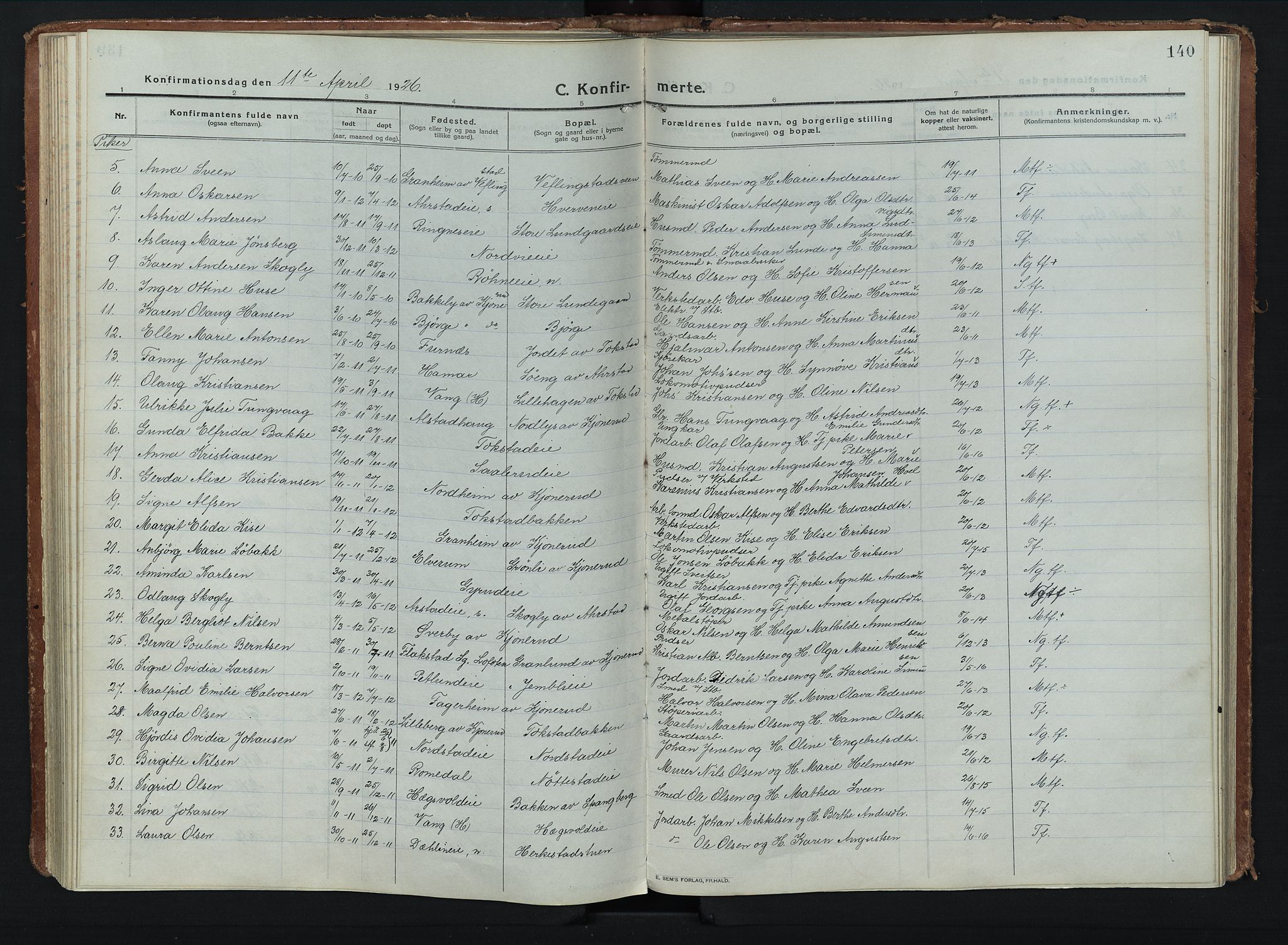 Stange prestekontor, AV/SAH-PREST-002/K/L0028: Parish register (official) no. 28, 1913-1932, p. 140