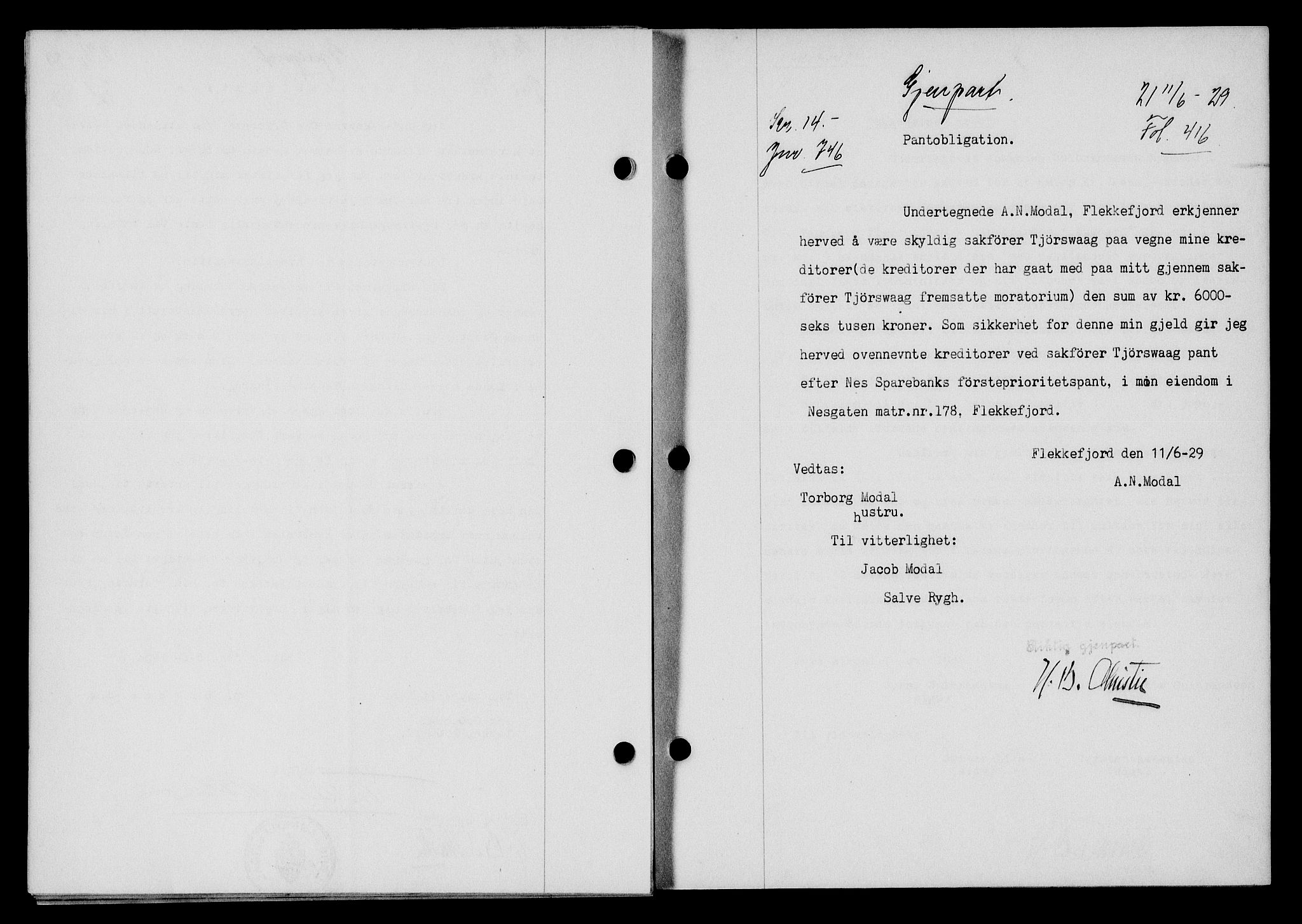 Flekkefjord sorenskriveri, SAK/1221-0001/G/Gb/Gba/L0045: Mortgage book no. 43, 1929-1930, Deed date: 11.06.1929