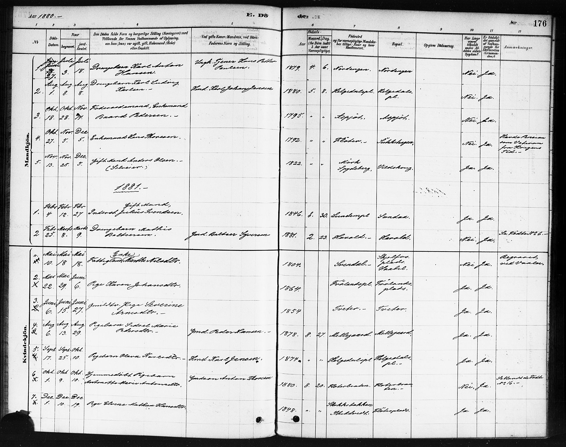 Våler prestekontor Kirkebøker, AV/SAO-A-11083/F/Fb/L0001: Parish register (official) no. II 1, 1878-1896, p. 176