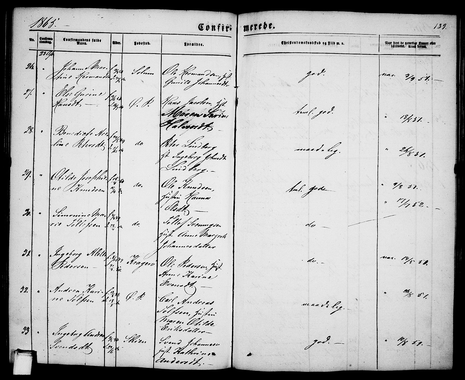 Porsgrunn kirkebøker , SAKO/A-104/G/Ga/L0002: Parish register (copy) no. I 2, 1847-1877, p. 139