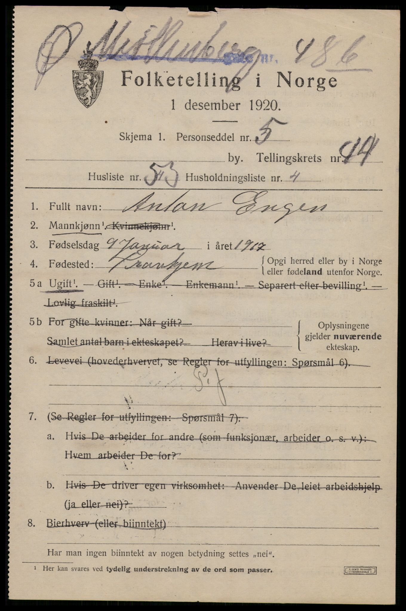 SAT, 1920 census for Trondheim, 1920, p. 96244