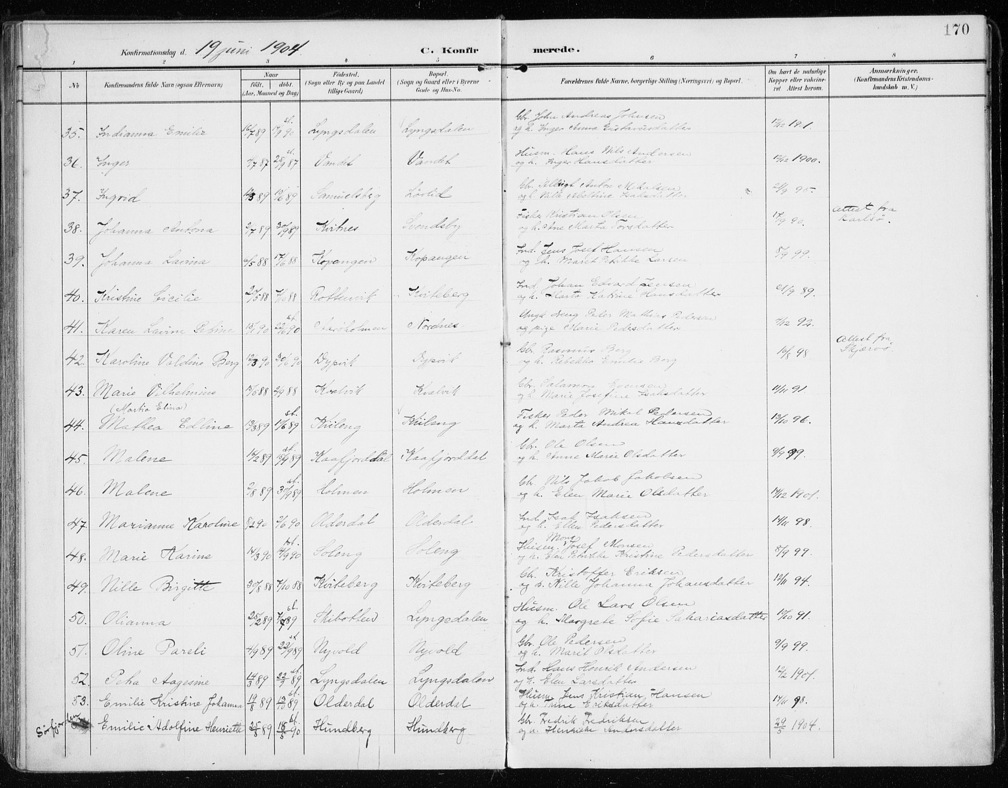 Lyngen sokneprestembete, AV/SATØ-S-1289/H/He/Hea/L0011kirke: Parish register (official) no. 11, 1903-1913, p. 170