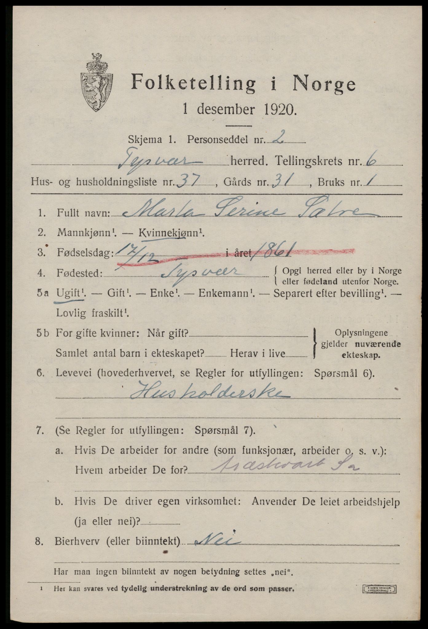 SAST, 1920 census for Tysvær, 1920, p. 2432