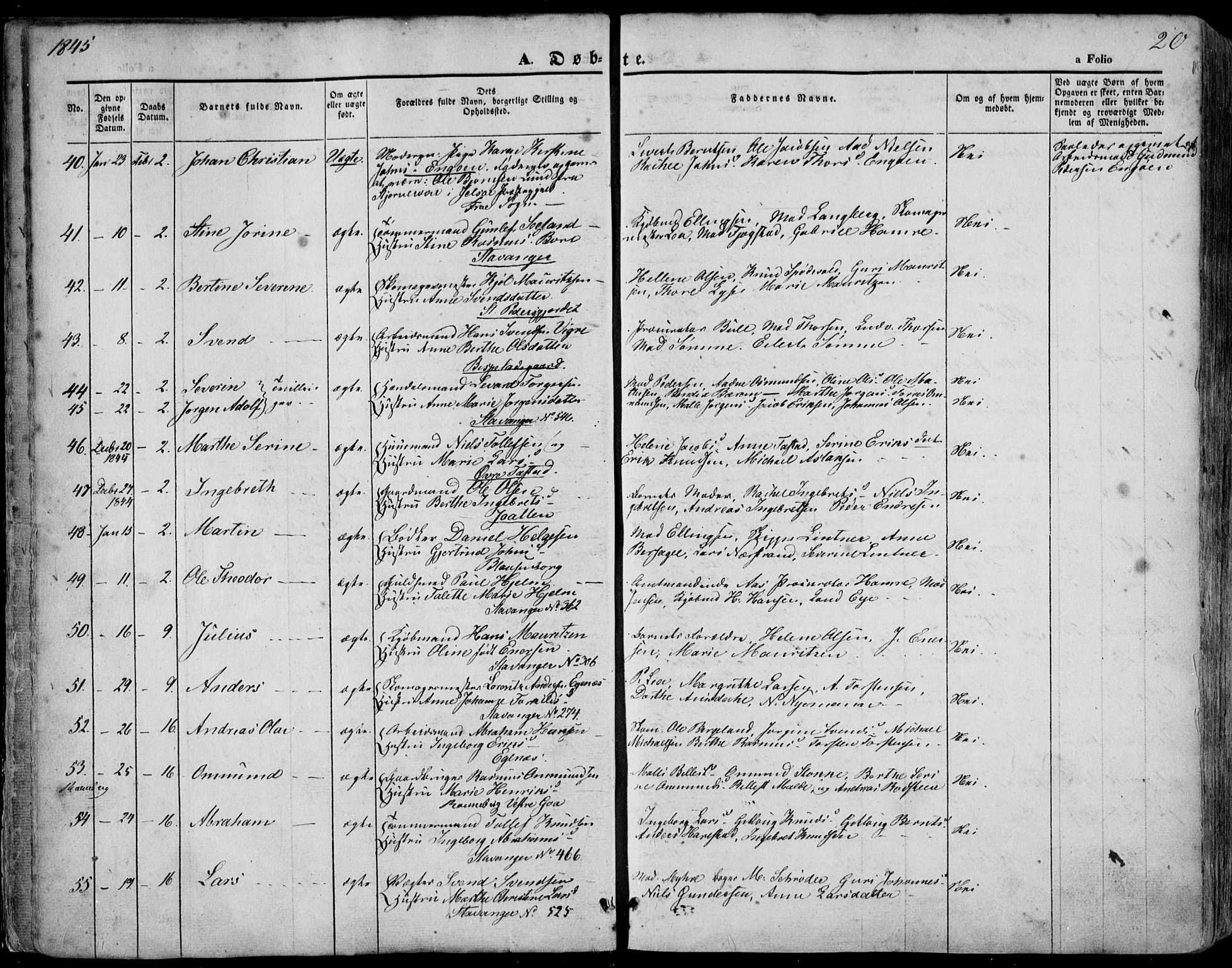 Domkirken sokneprestkontor, AV/SAST-A-101812/001/30/30BA/L0016: Parish register (official) no. A 15, 1844-1854, p. 20