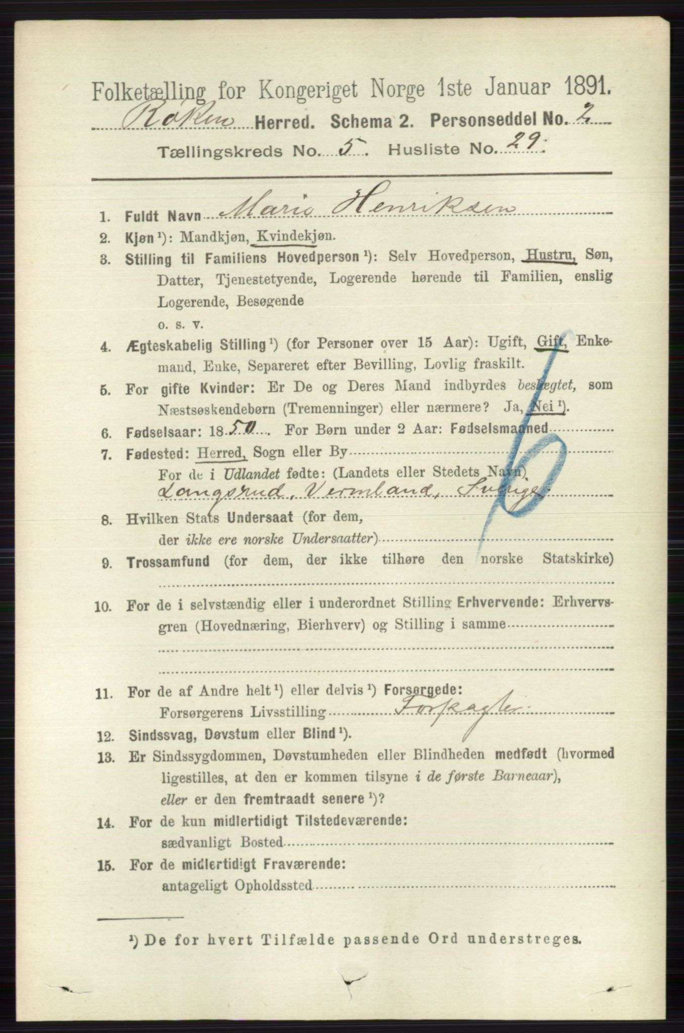 RA, 1891 census for 0627 Røyken, 1891, p. 3036