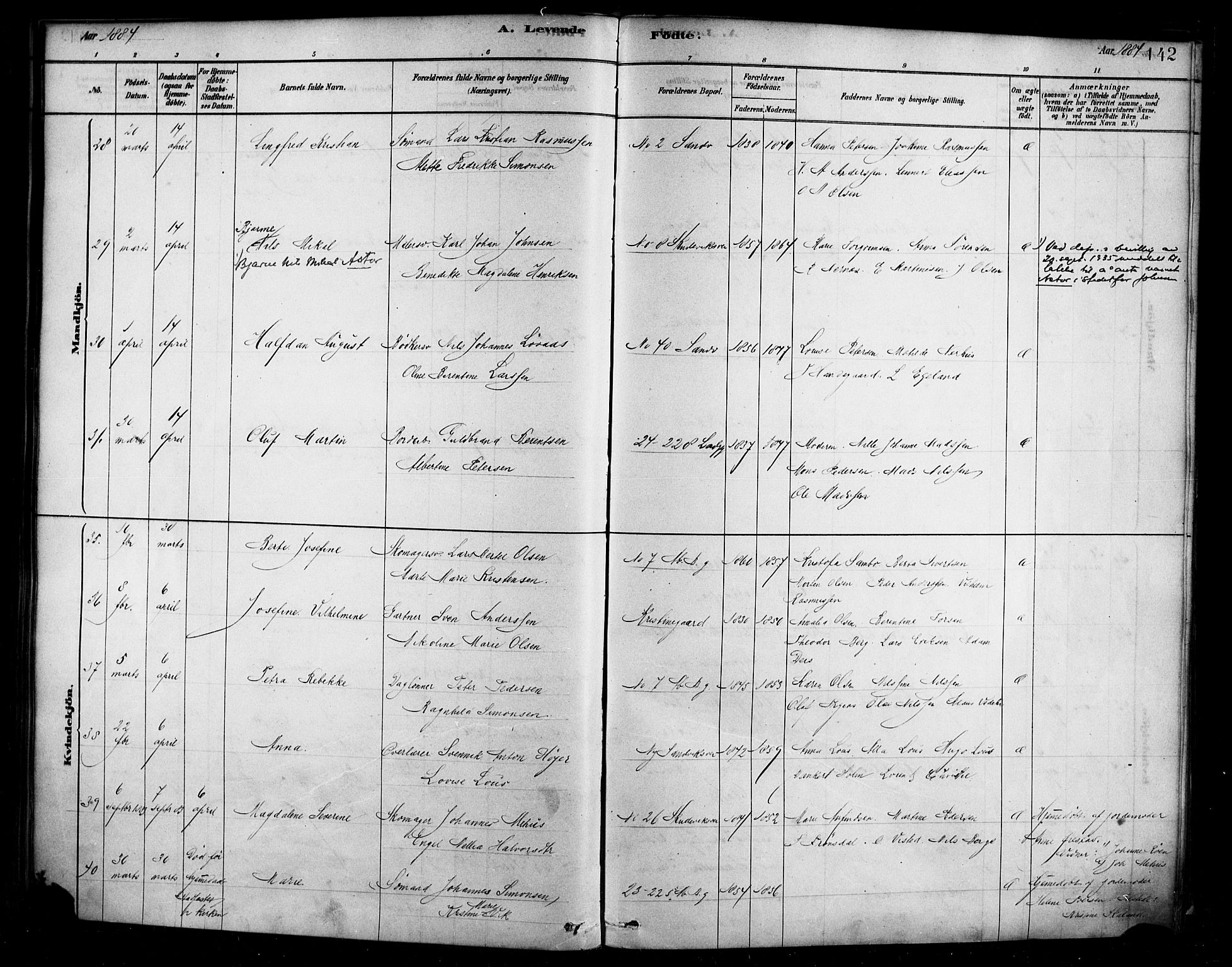 Sandviken Sokneprestembete, AV/SAB-A-77601/H/Ha/L0004: Parish register (official) no. B 1, 1878-1891, p. 142